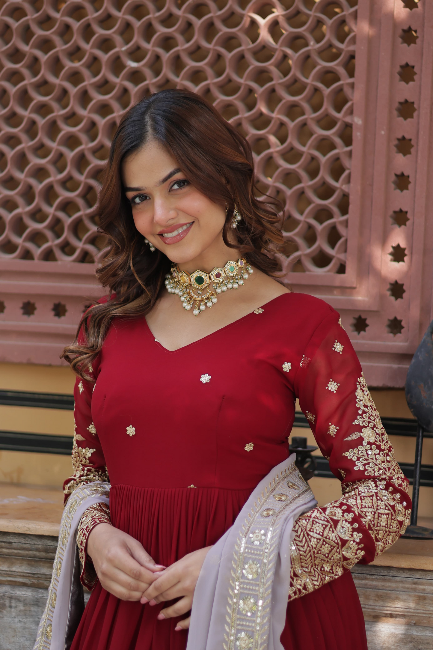 Red Georgette Embroidered Anarkalli Suit- Wedding Wear
