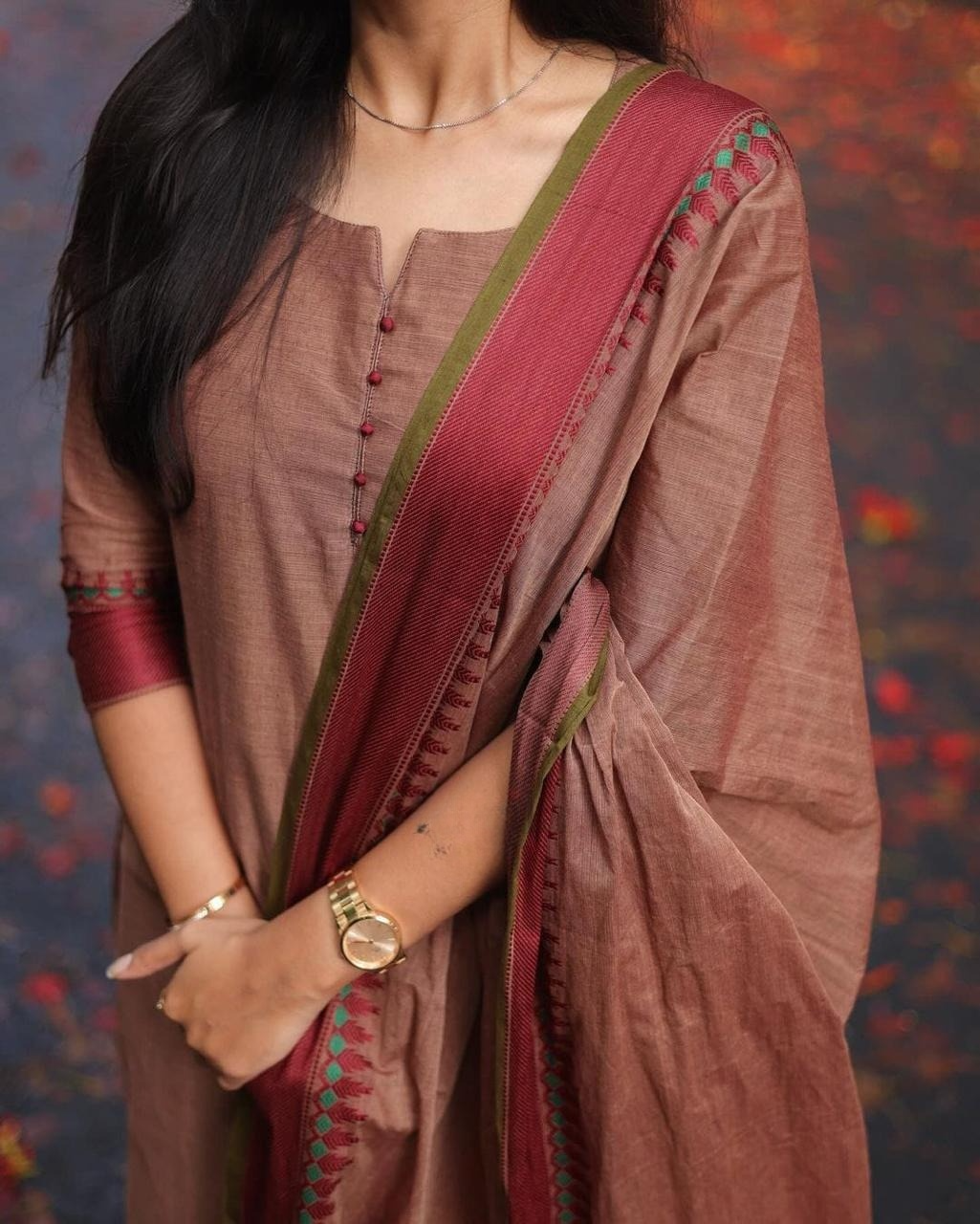 Brown Kanchi Cotton South Cultural Designed Kurta Pant & Dupatta With Jacquard Weaving