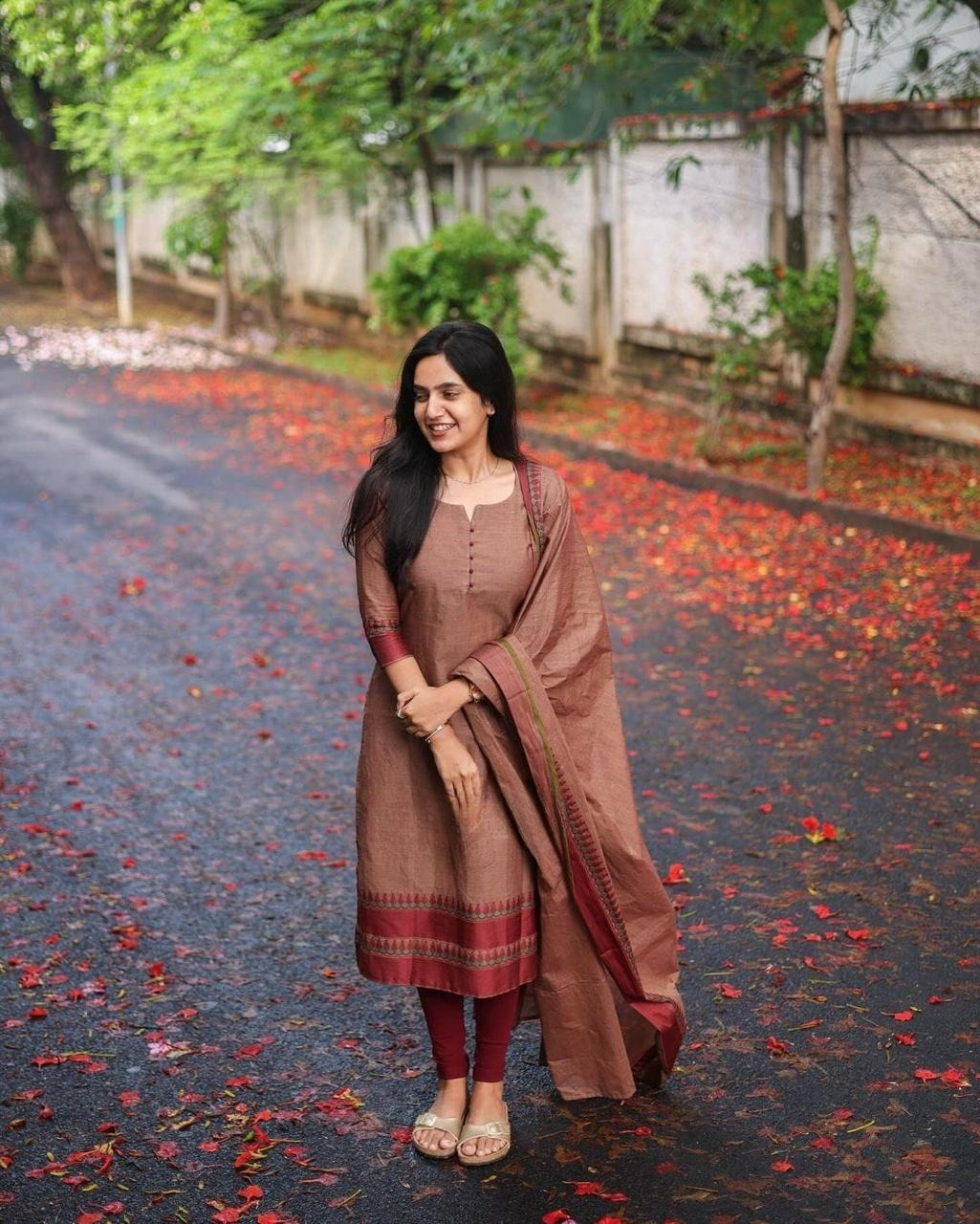 Brown Kanchi Cotton South Cultural Designed Kurta Pant & Dupatta With Jacquard Weaving