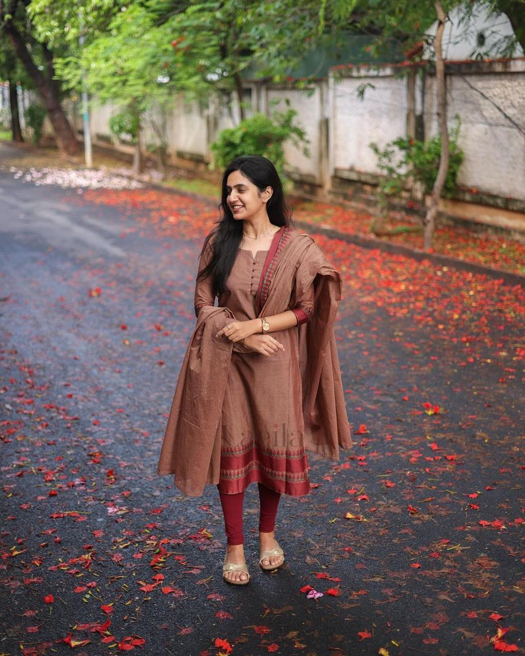 Brown Kanchi Cotton South Cultural Designed Kurta Pant & Dupatta With Jacquard Weaving