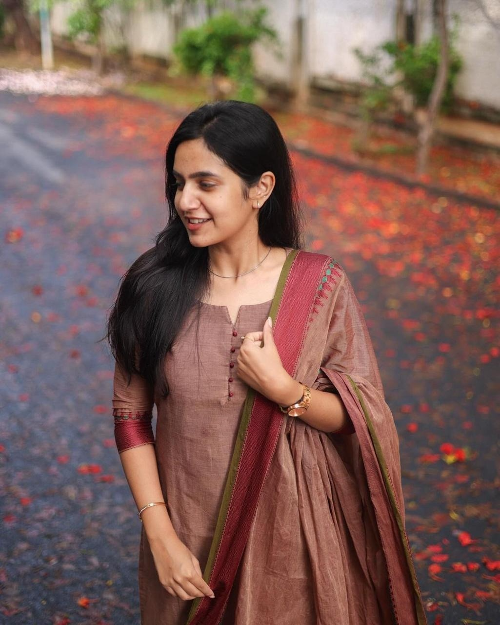 Brown Kanchi Cotton South Cultural Designed Kurta Pant & Dupatta With Jacquard Weaving