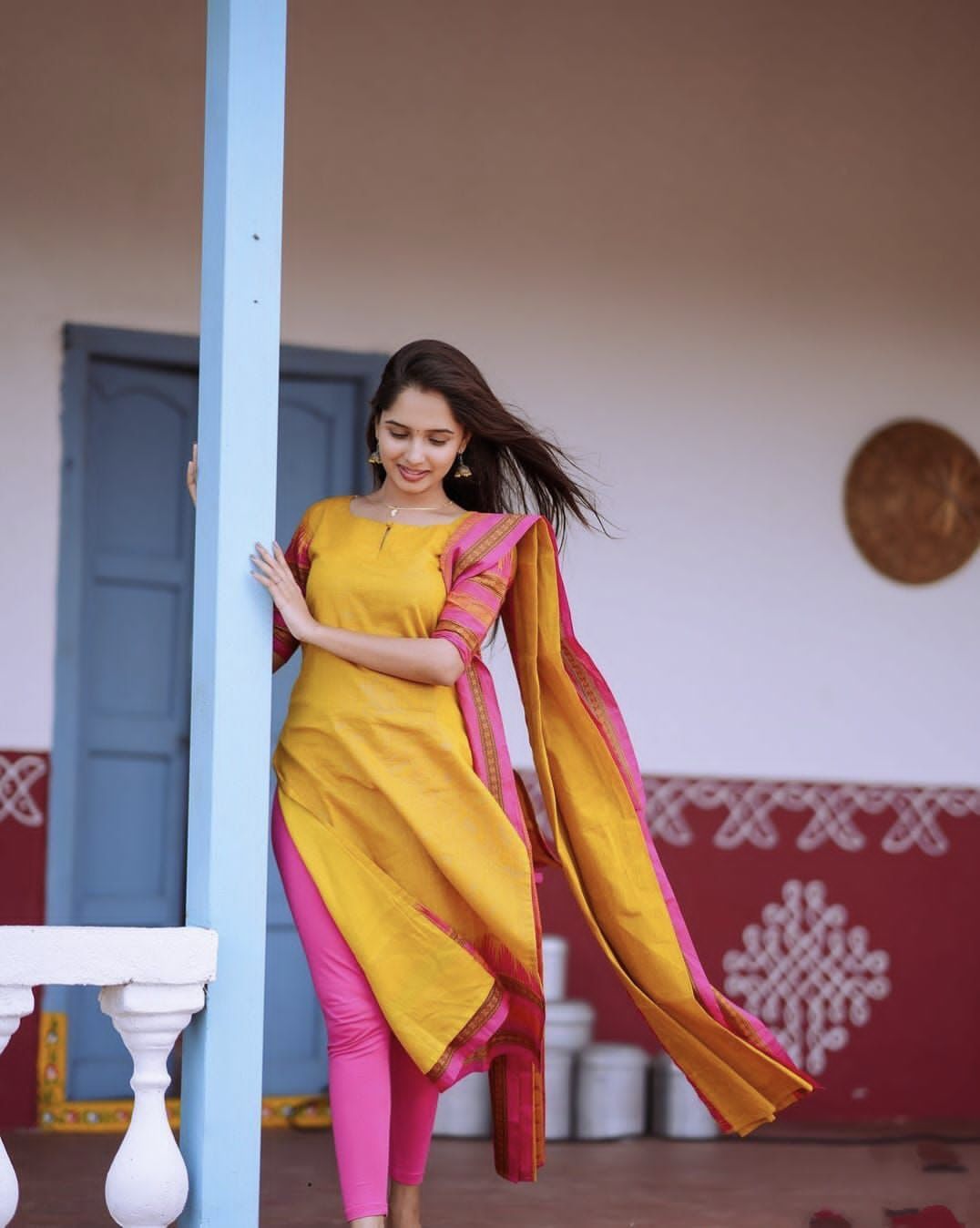 Yellow & Pink Kanchi Cotton South Indian culture Style Kurta Pant & Dupatta