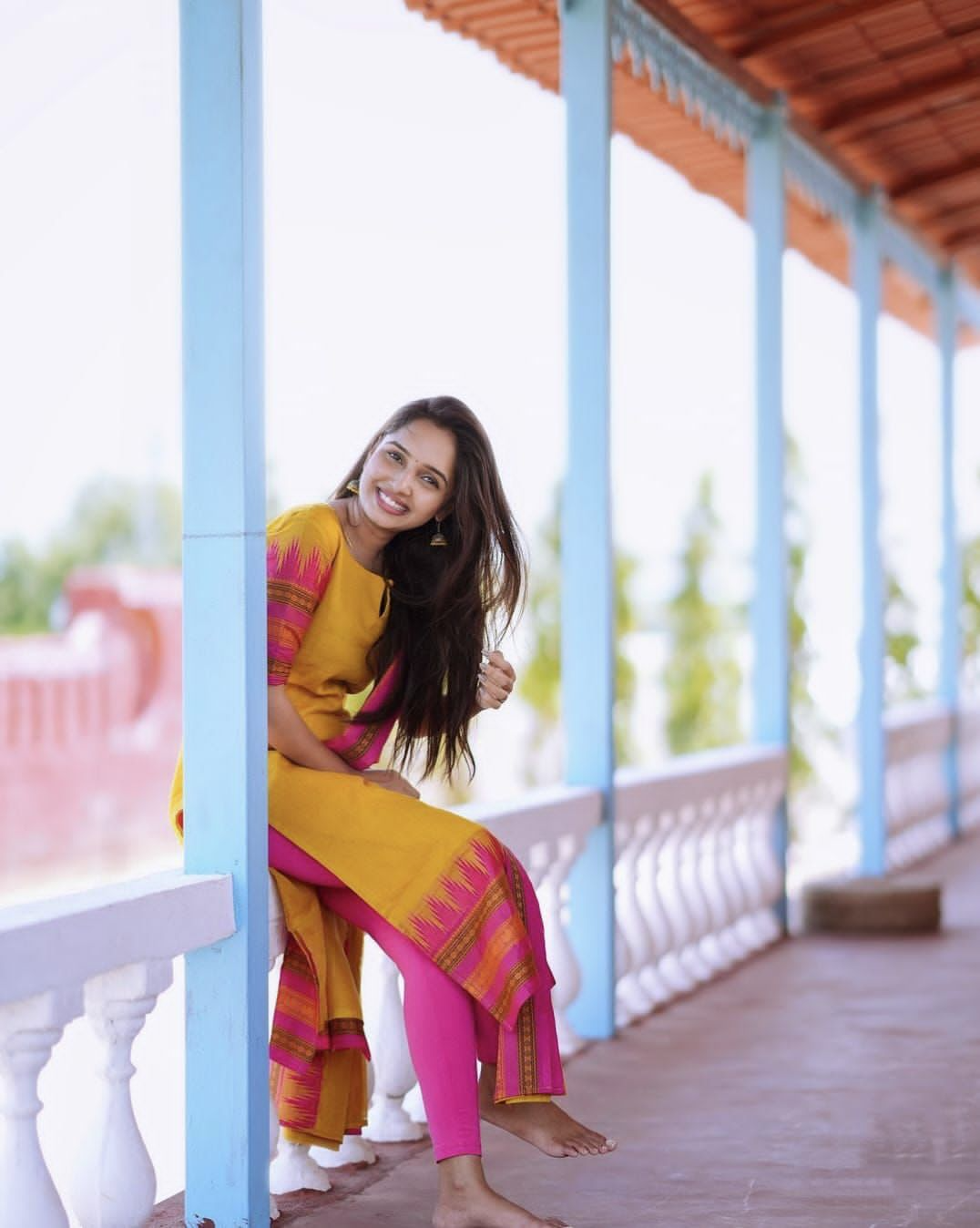 Yellow & Pink Kanchi Cotton South Indian culture Style Kurta Pant & Dupatta