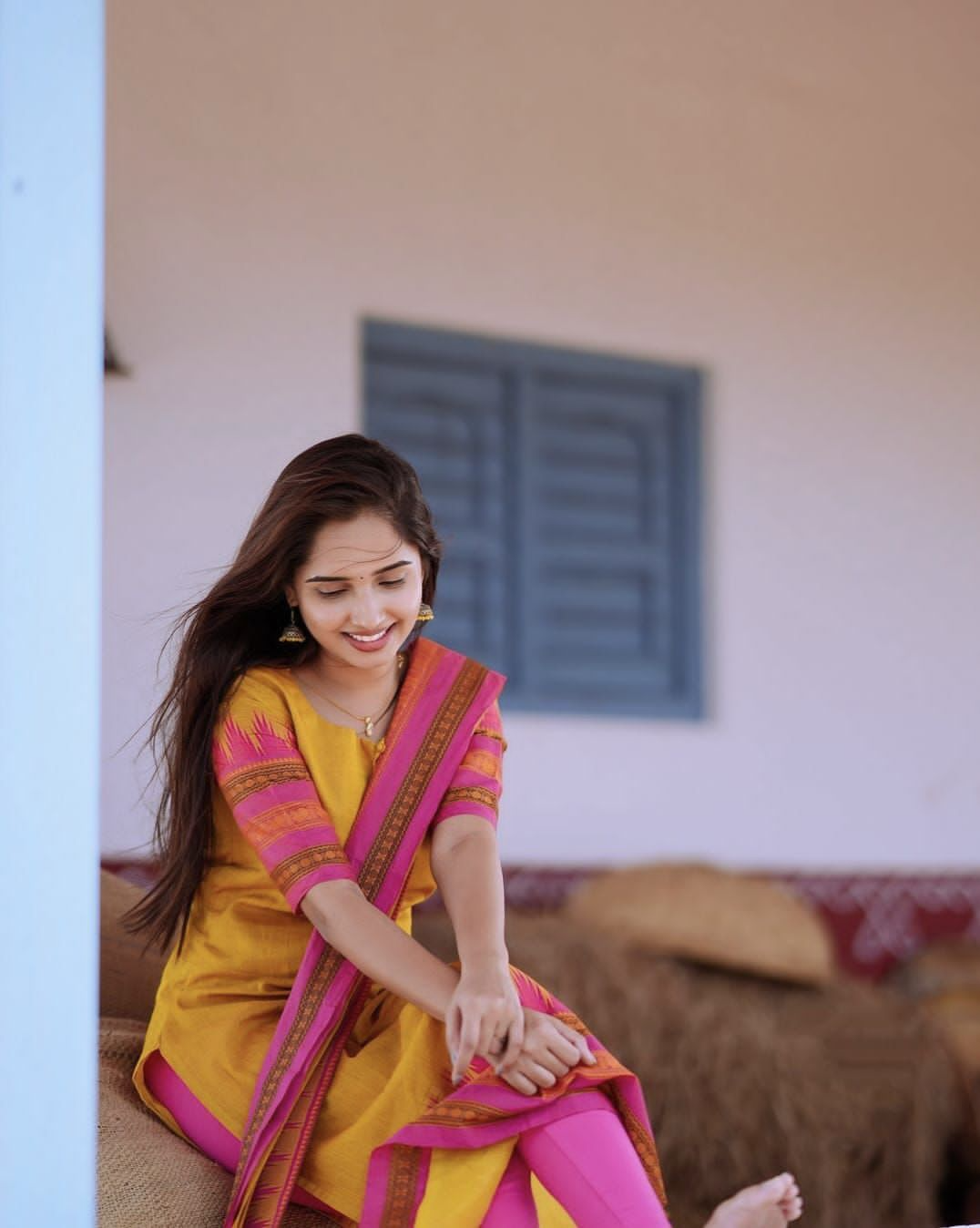 Yellow & Pink Kanchi Cotton South Indian culture Style Kurta Pant & Dupatta