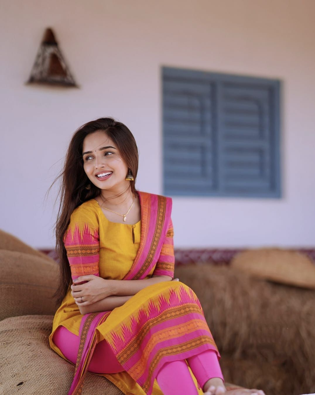 Yellow & Pink Kanchi Cotton South Indian culture Style Kurta Pant & Dupatta