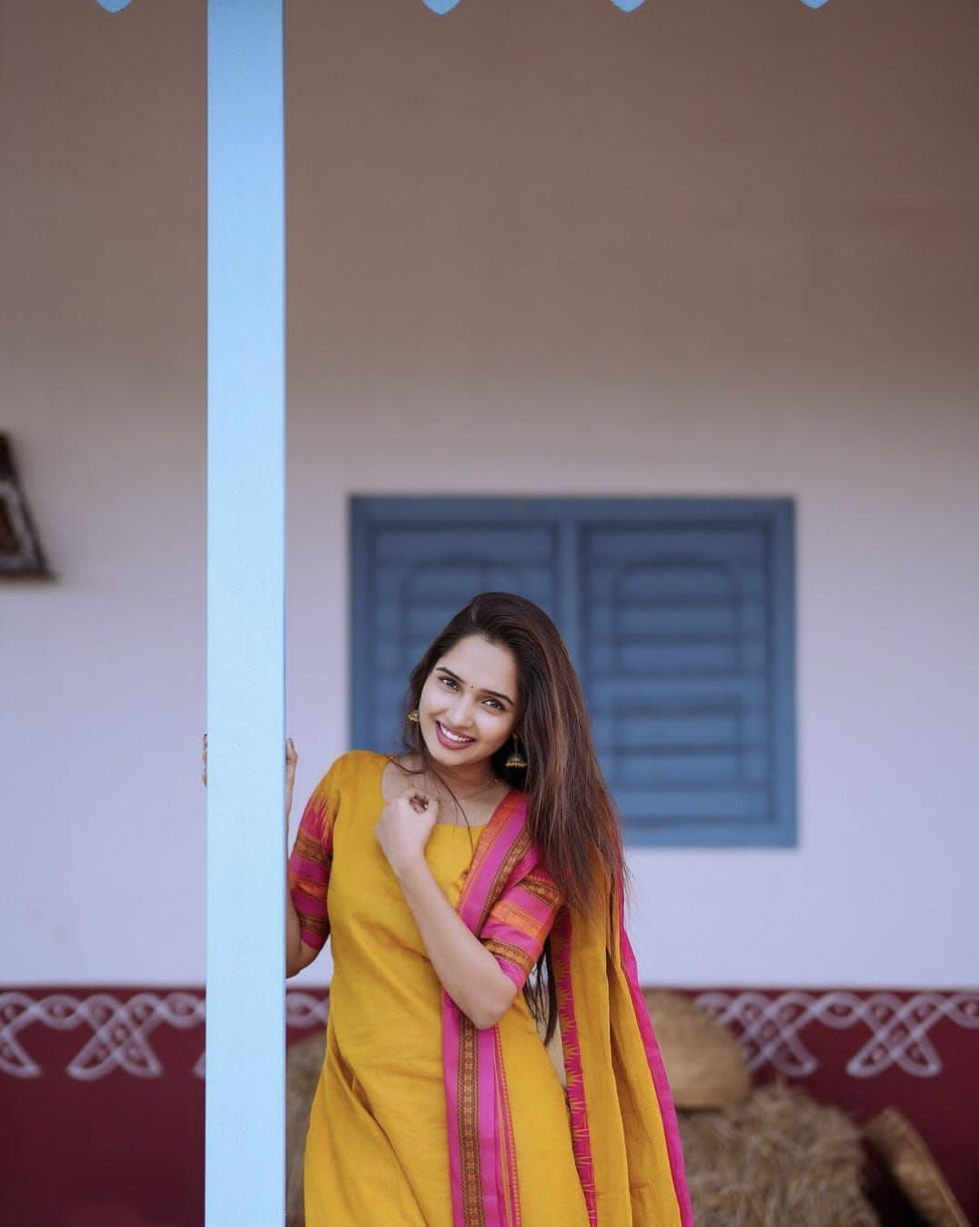 Yellow & Pink Kanchi Cotton South Indian culture Style Kurta Pant & Dupatta