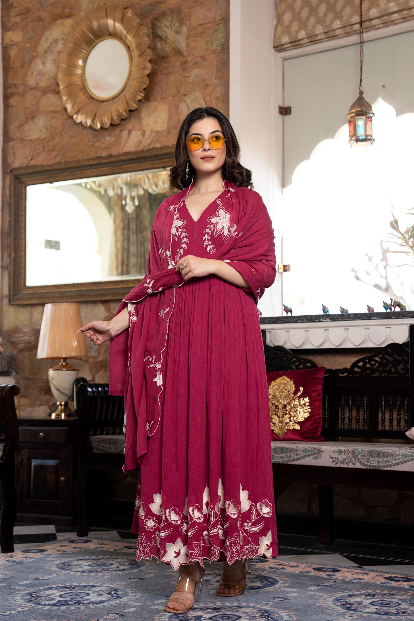 Crush Mul Cotton Embroidered Anarkali Suit