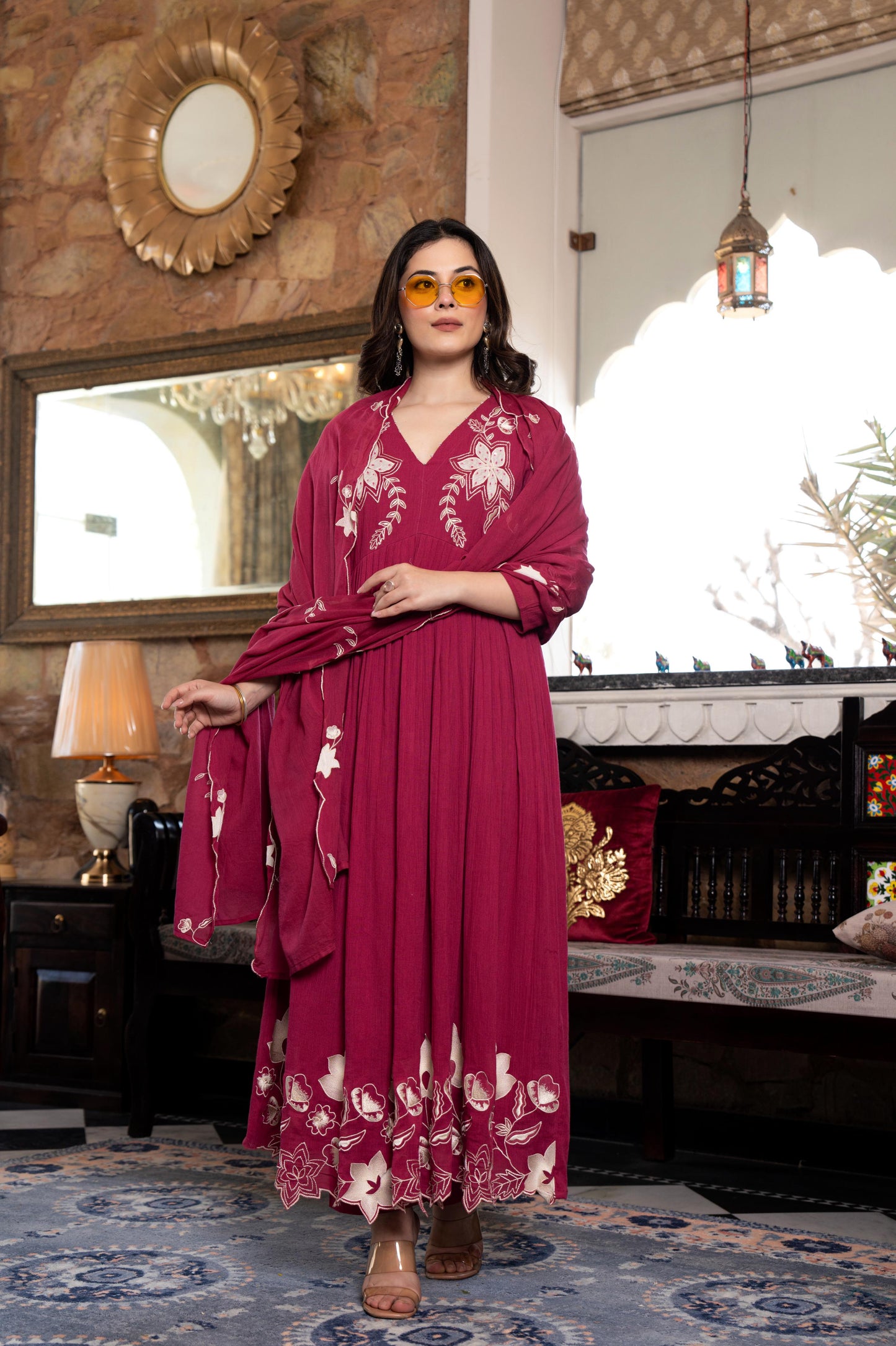 Crush Mul Cotton Embroidered Anarkali Suit