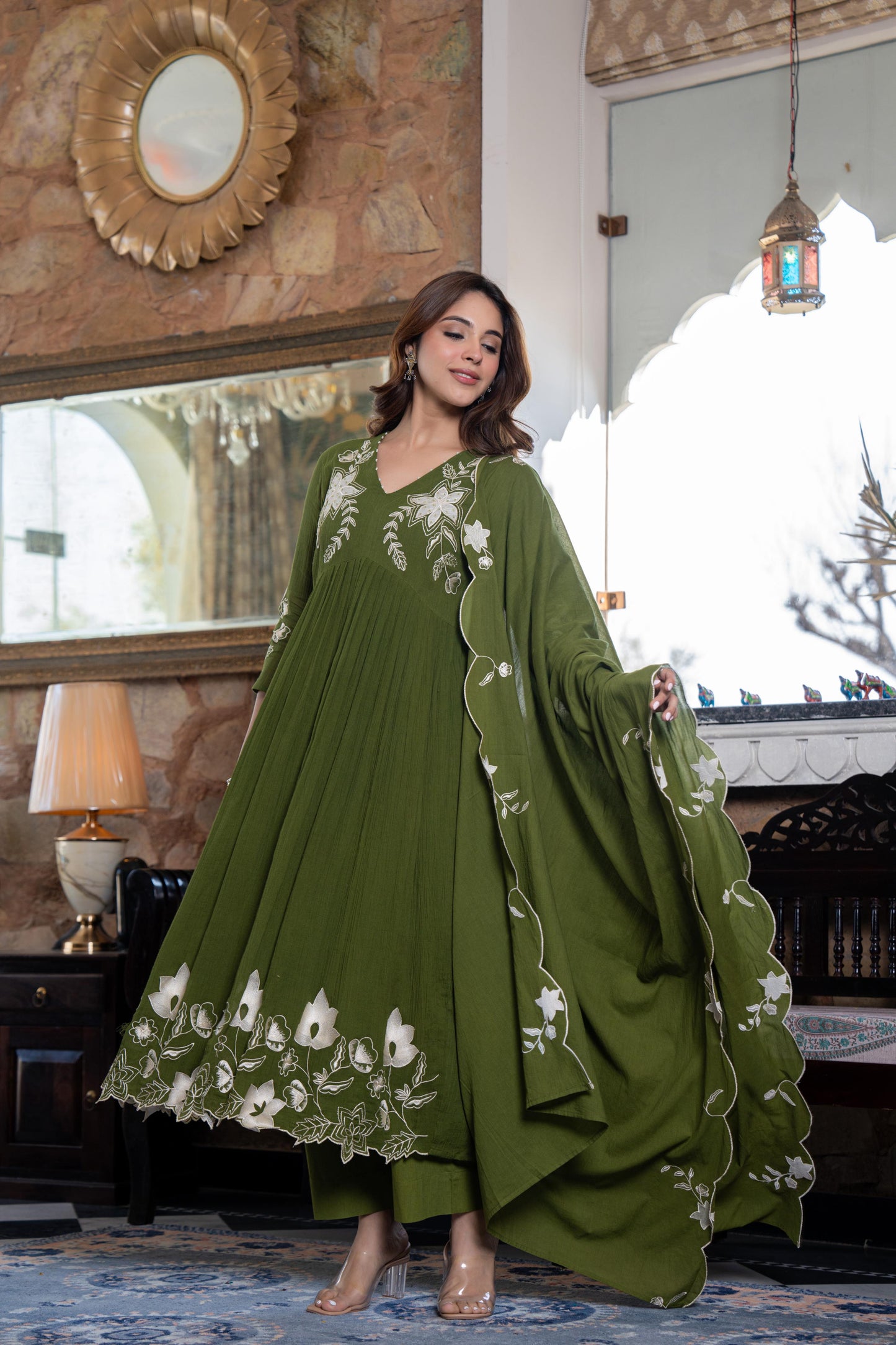 Henna Green Crush Mul Cotton Embroidered Anarkali Suit