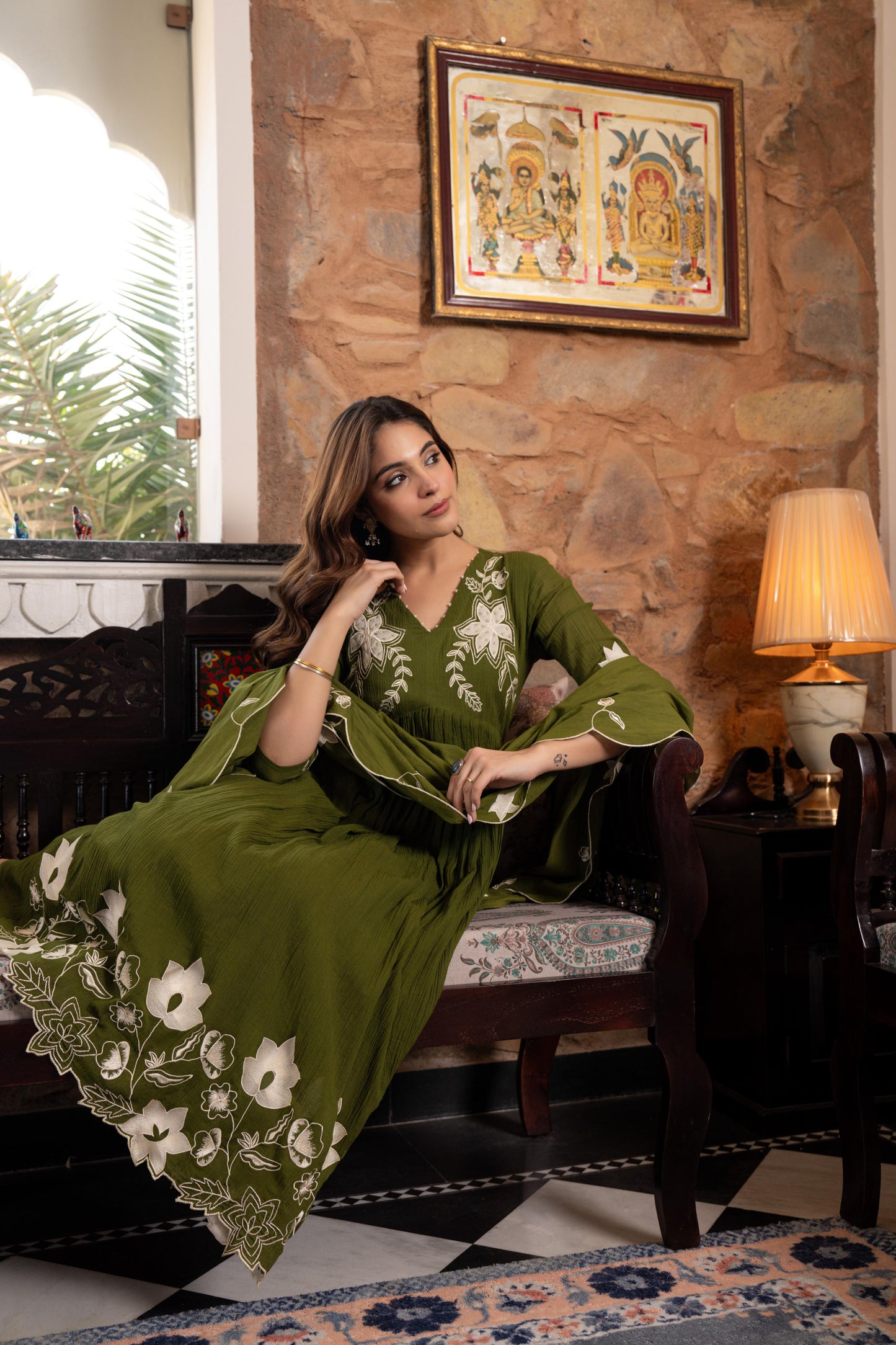 Henna Green Crush Mul Cotton Embroidered Anarkali Suit