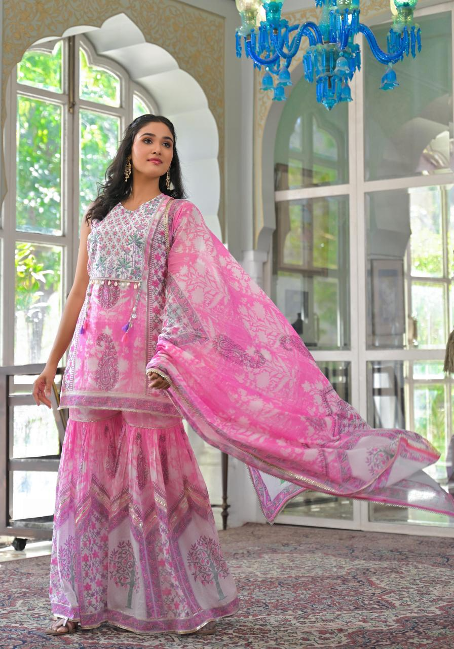 Pink Mul Cotton Embroidered Sharara Suit- Summer Wedding Special