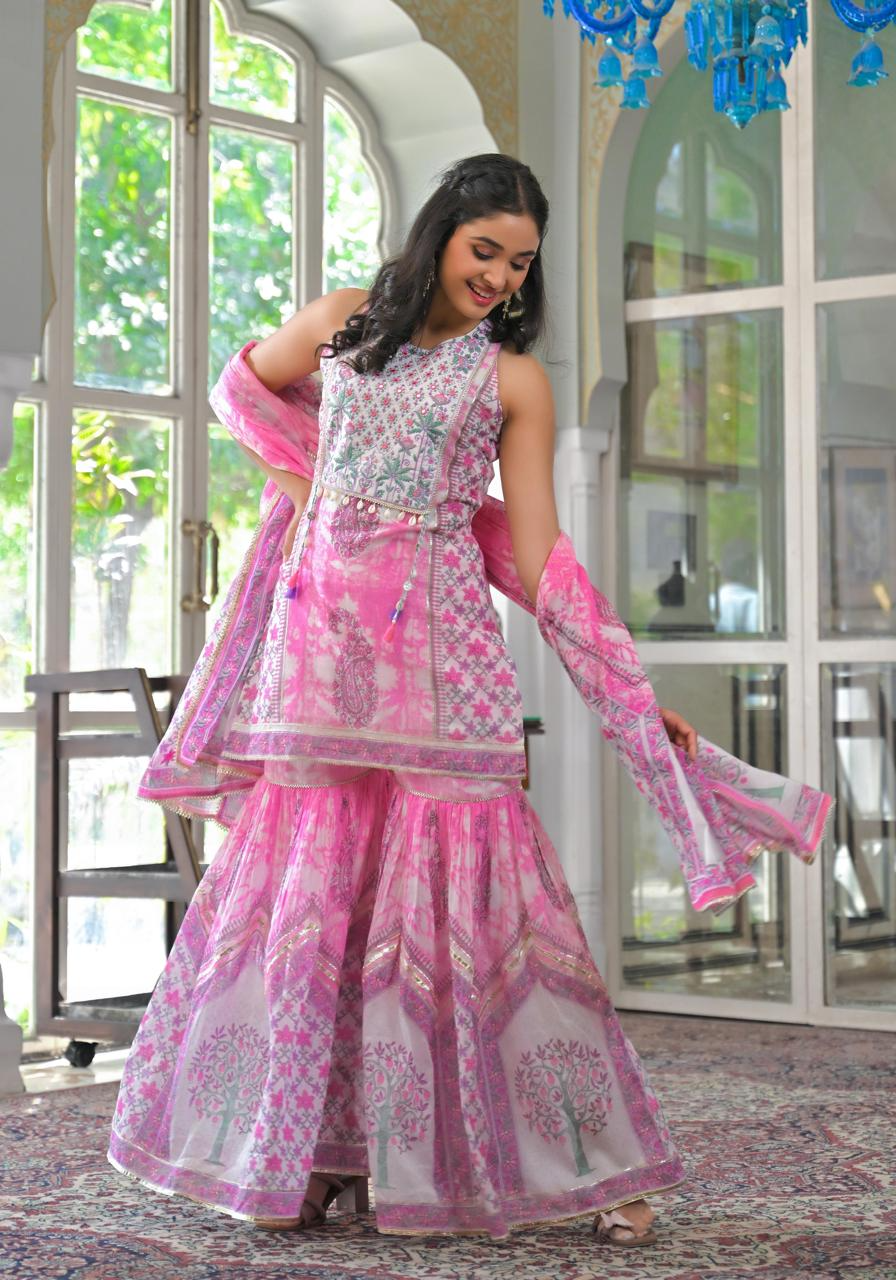 Pink Mul Cotton Embroidered Sharara Suit- Summer Wedding Special