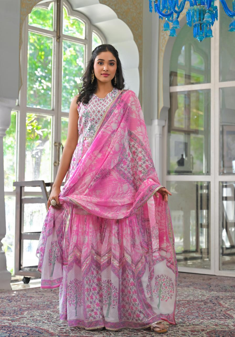 Pink Mul Cotton Embroidered Sharara Suit- Summer Wedding Special