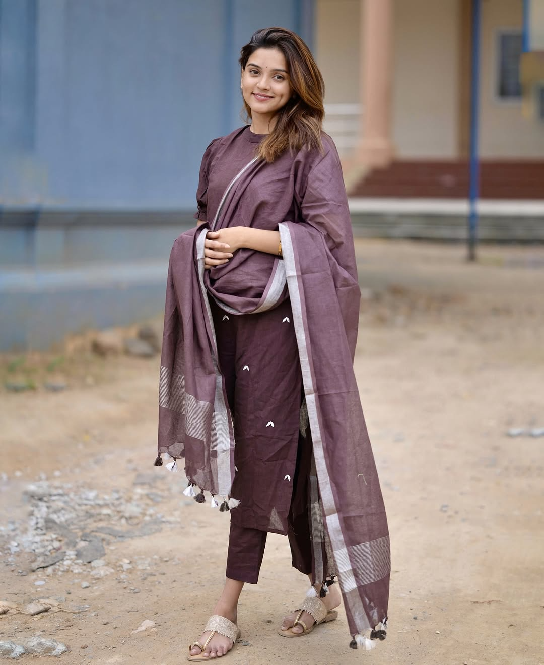 Brown Handloom A Line Kurti With Plazzo & Linen Dupatta