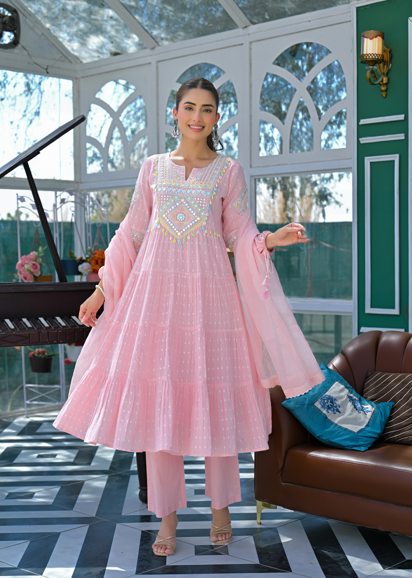 Pink Cotton Anarkali Suit With Mirror Work