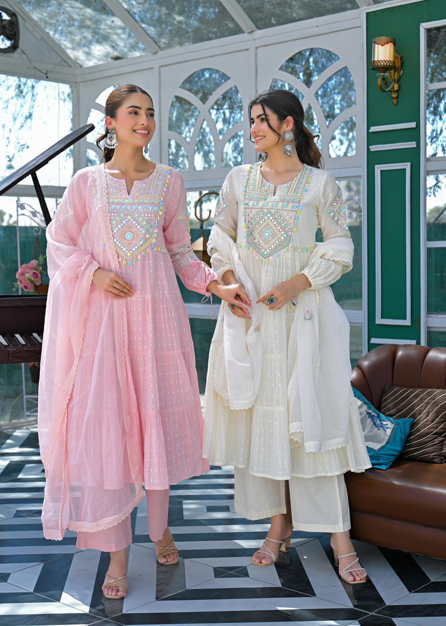 Dreamy White Cotton Anarkali Suit With Mirror Work