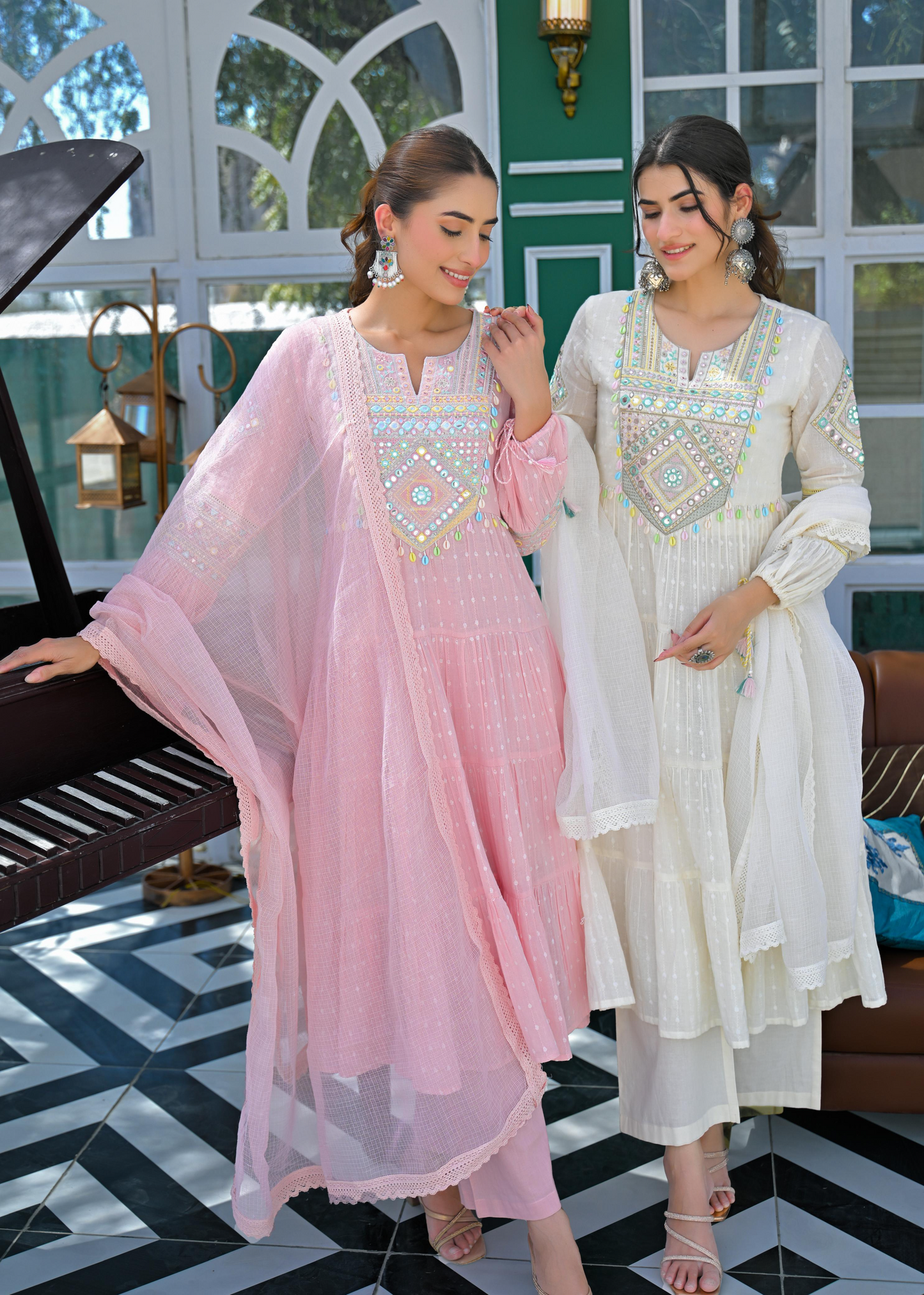 Dreamy White Cotton Anarkali Suit With Mirror Work