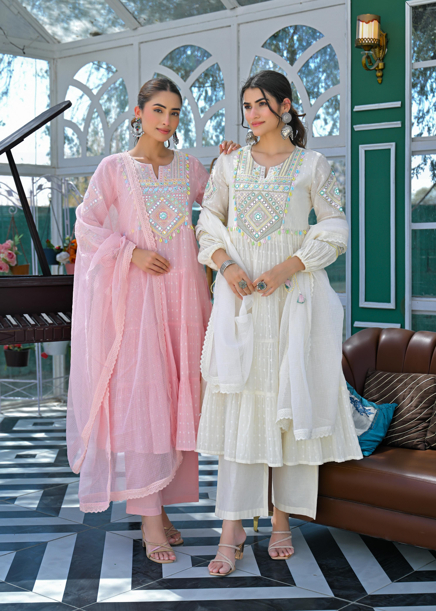 Dreamy White Cotton Anarkali Suit With Mirror Work
