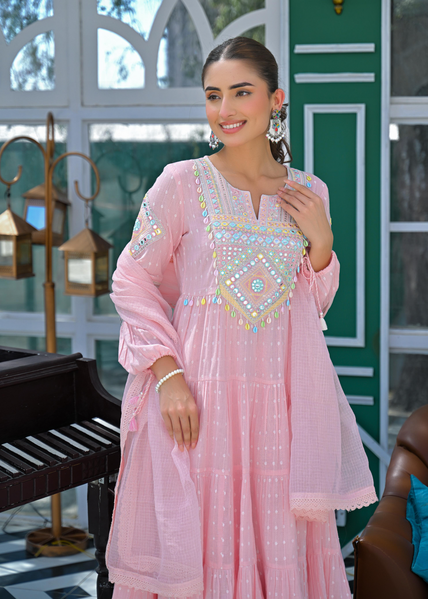 Pink Cotton Anarkali Suit With Mirror Work