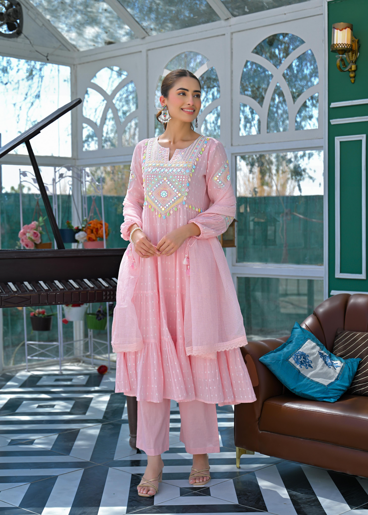 Pink Cotton Anarkali Suit With Mirror Work