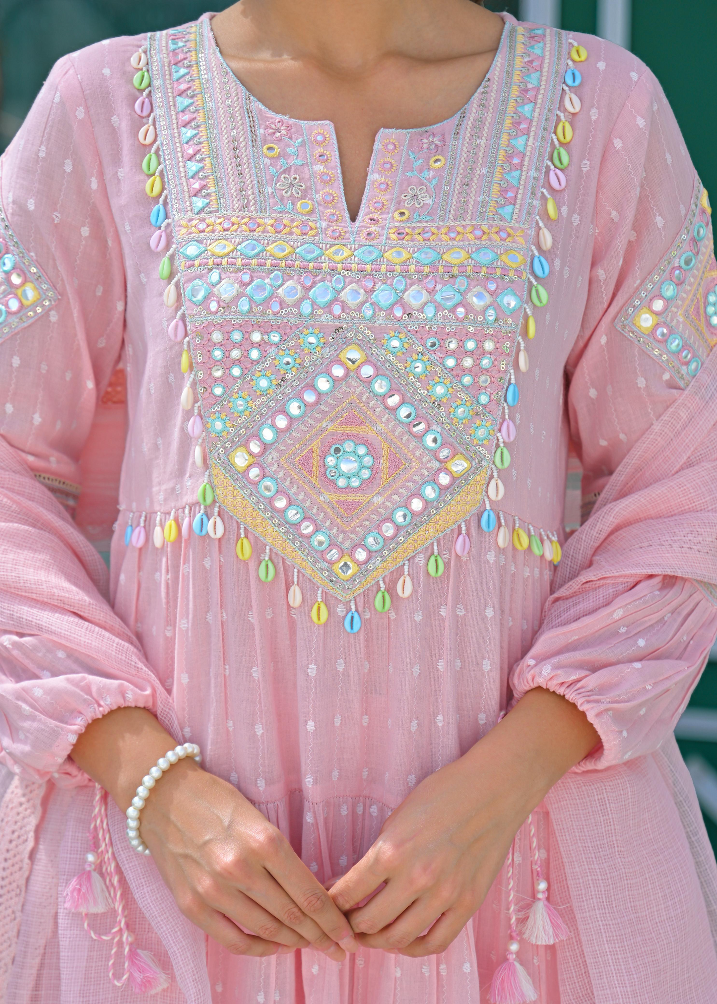 Pink Cotton Anarkali Suit With Mirror Work