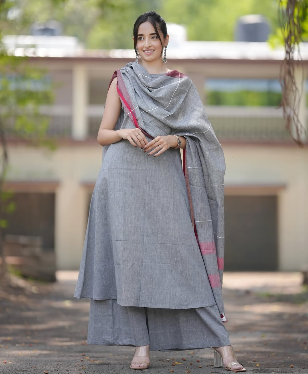 Grey Handloom A Line Kurti With Palazzo & Linen Dupatta