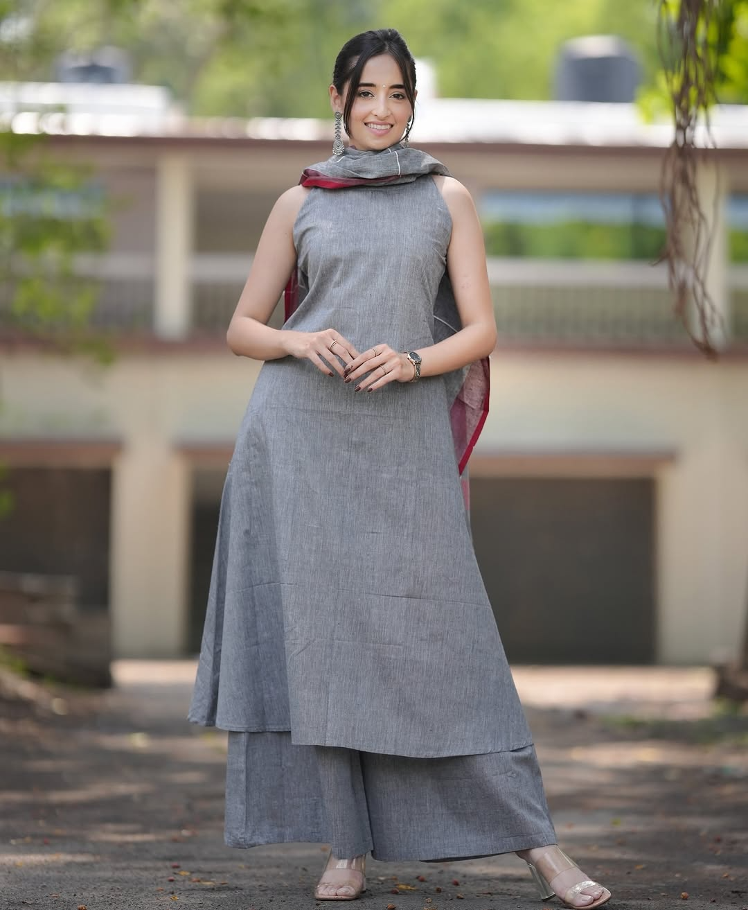 Grey Handloom A Line Kurti With Palazzo & Linen Dupatta