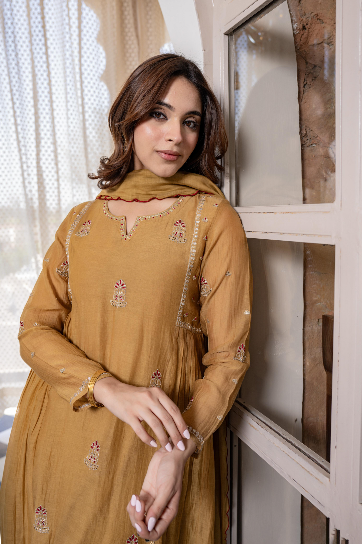 Mustard Mul Chanderi Embroidered Anarkali Suit