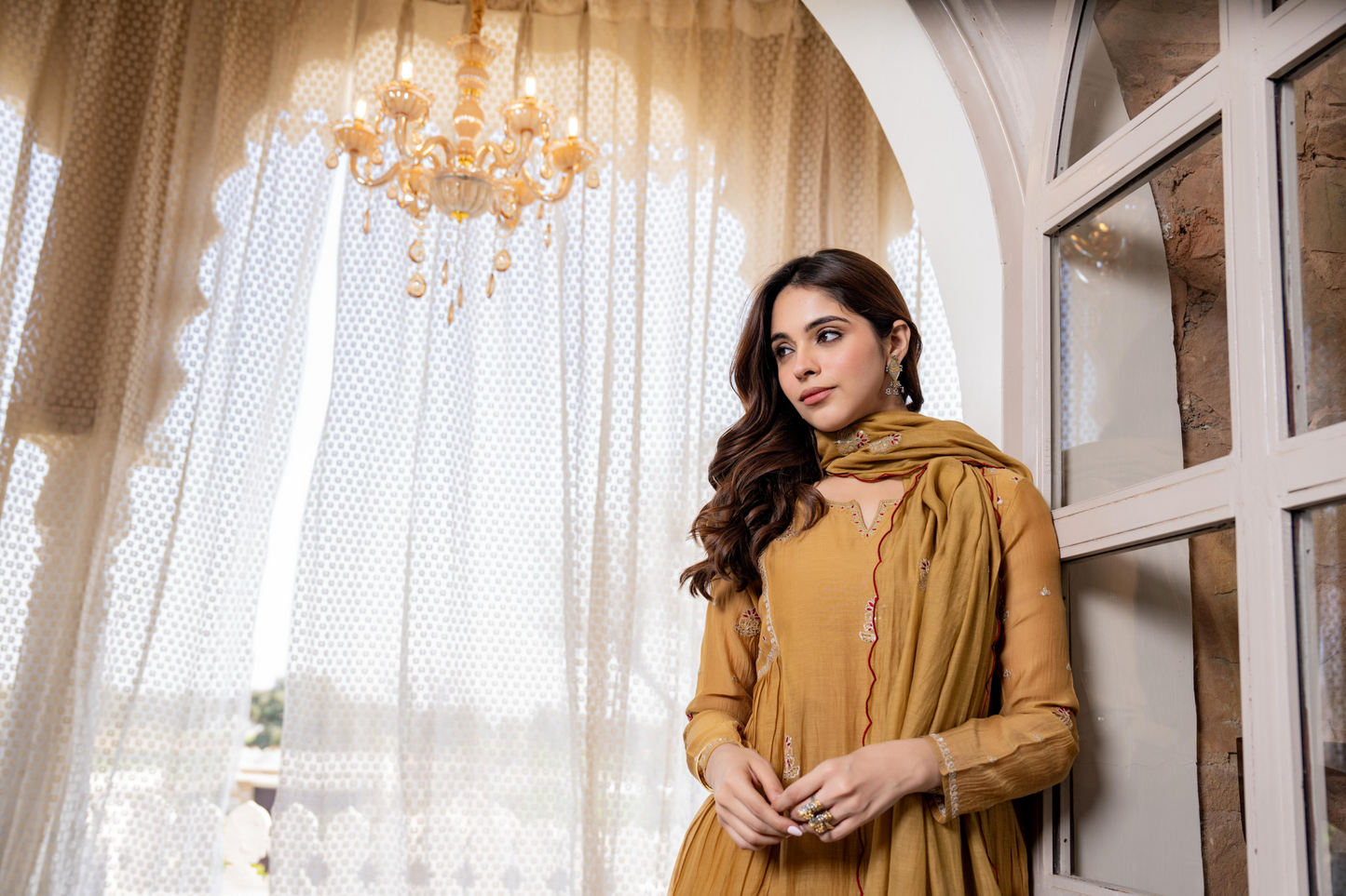 Mustard Mul Chanderi Embroidered Anarkali Suit