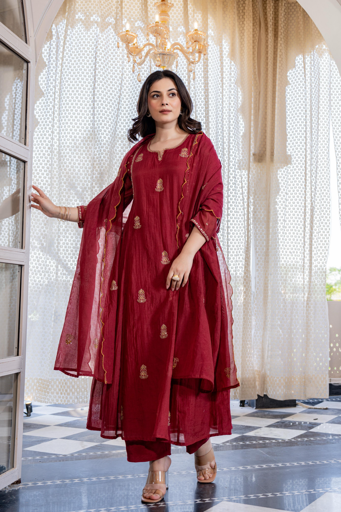 Red Mul Chanderi Embroidered Anarkali Suit