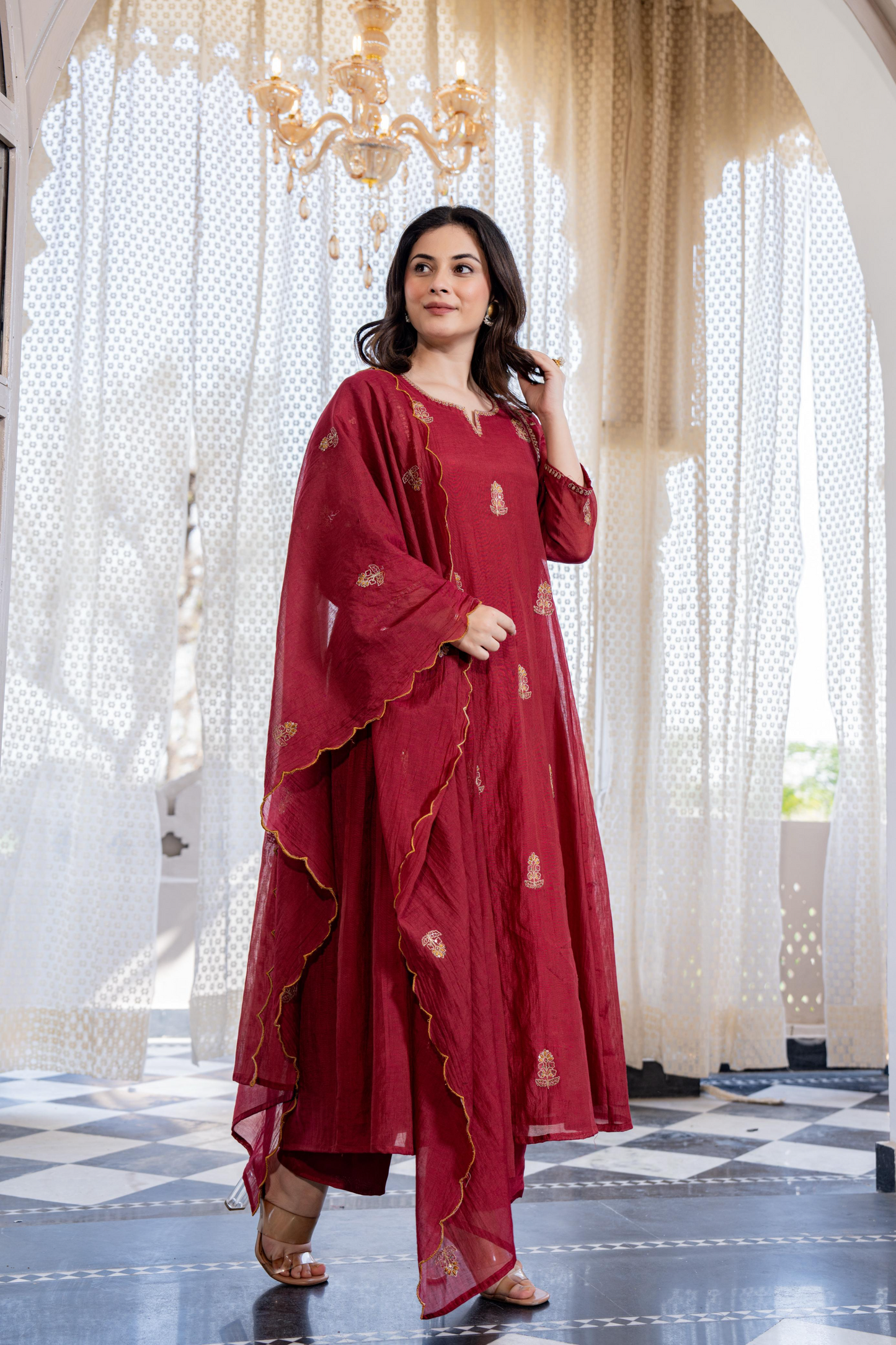 Red Mul Chanderi Embroidered Anarkali Suit