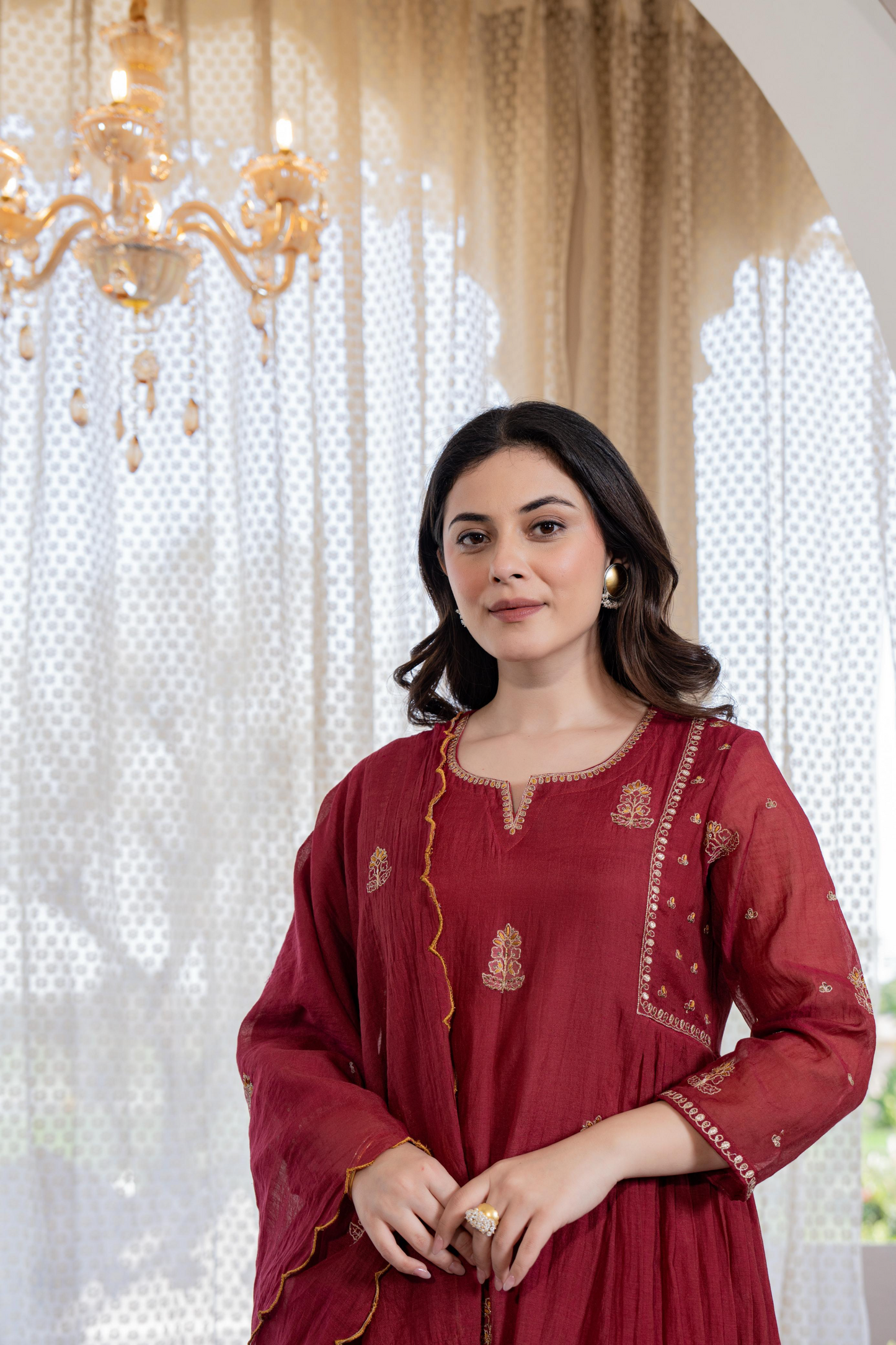 Red Mul Chanderi Embroidered Anarkali Suit