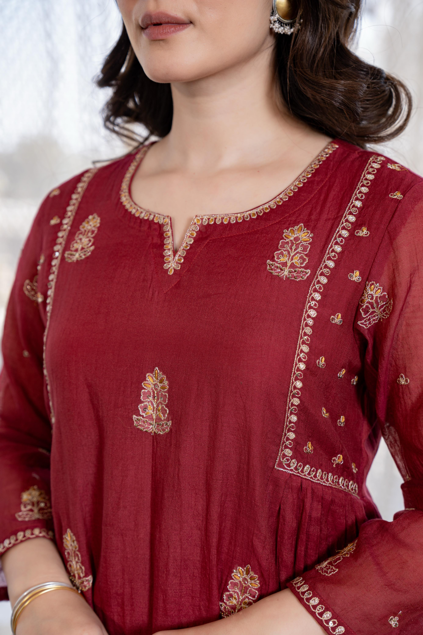 Red Mul Chanderi Embroidered Anarkali Suit