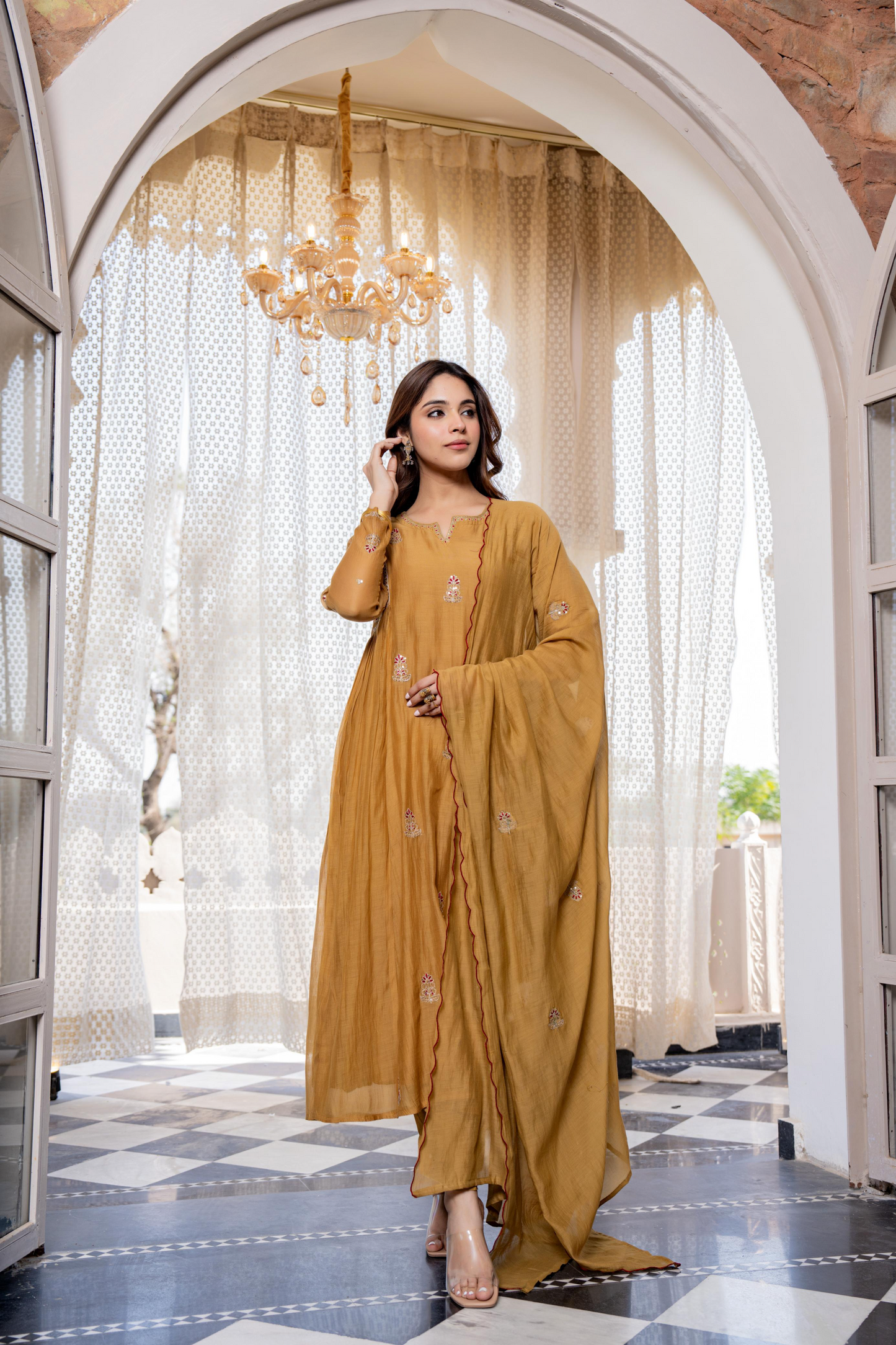 Mustard Mul Chanderi Embroidered Anarkali Suit