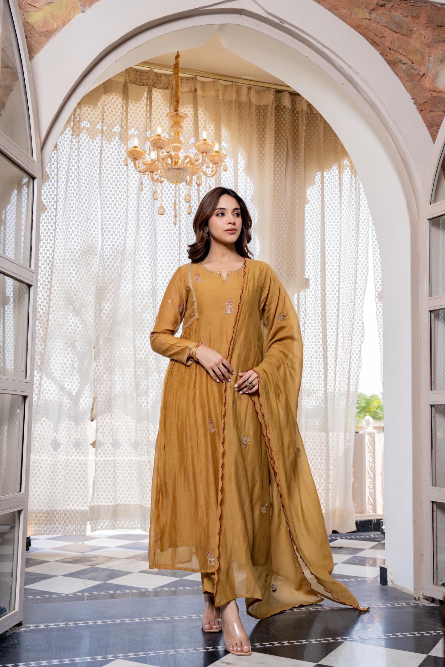 Mustard Mul Chanderi Embroidered Anarkali Suit