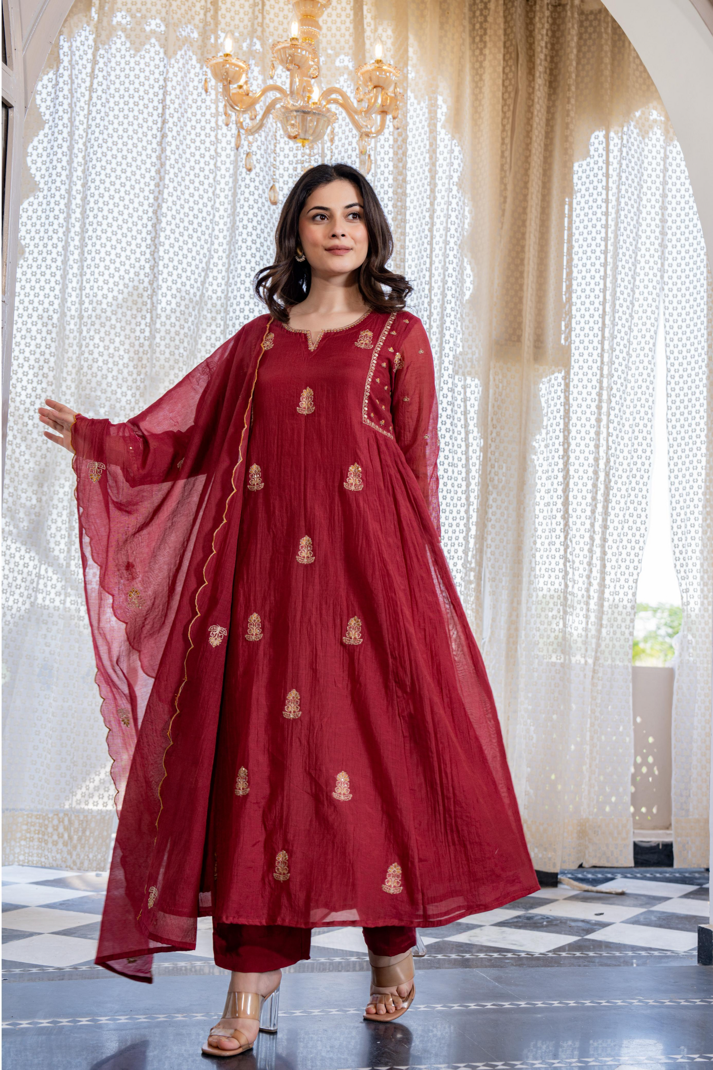 Red Mul Chanderi Embroidered Anarkali Suit