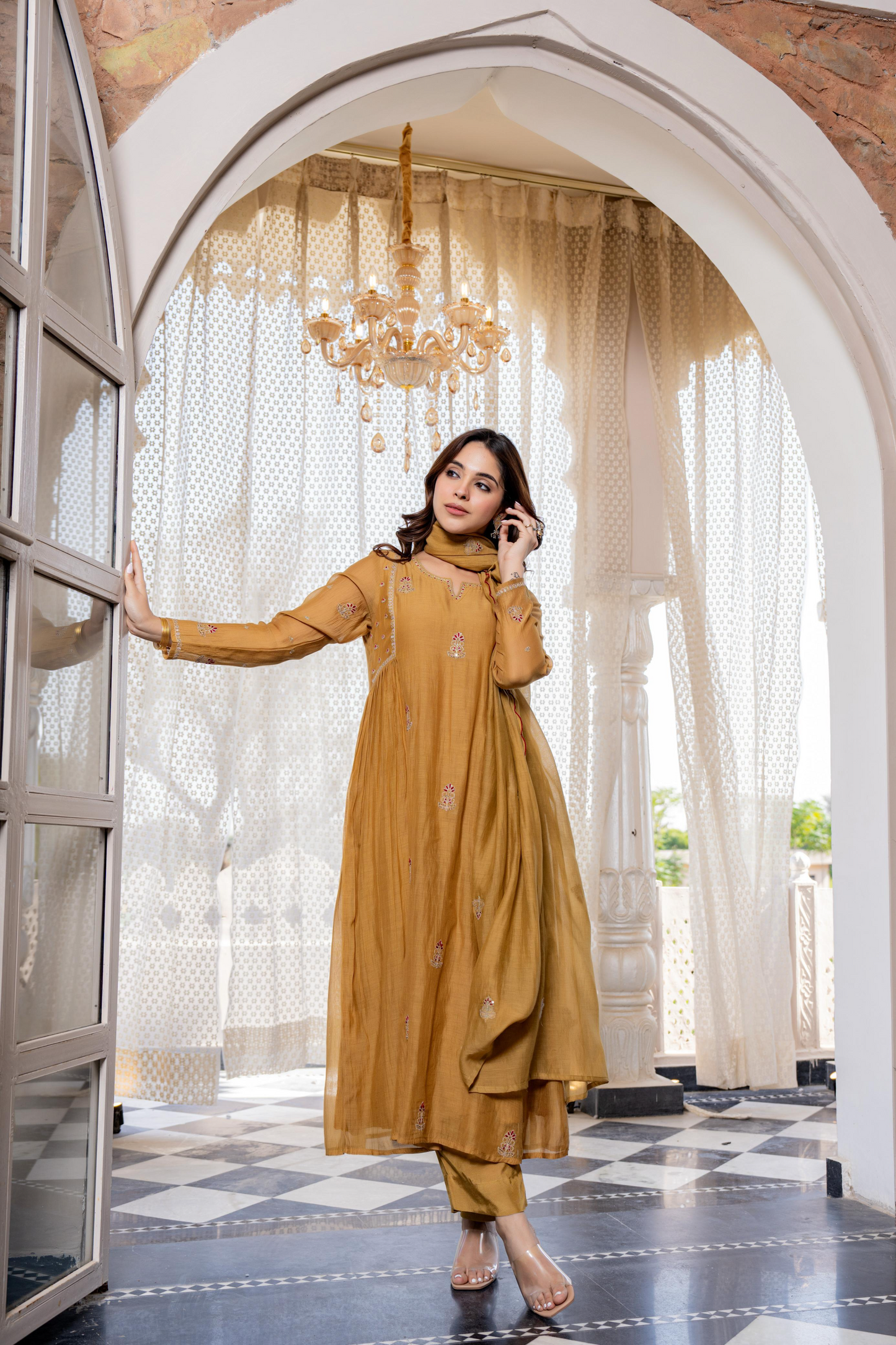 Mustard Mul Chanderi Embroidered Anarkali Suit