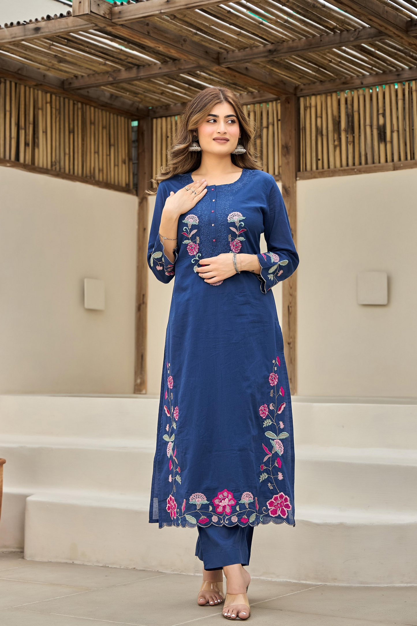 Blue Floral Embroidered Cotton Kurta Suit