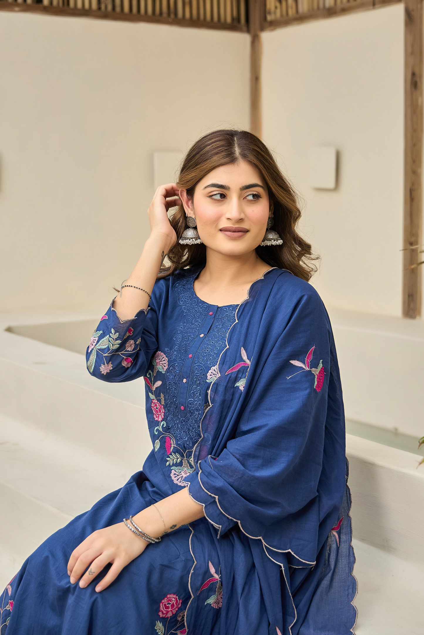 Blue Floral Embroidered Cotton Kurta Suit