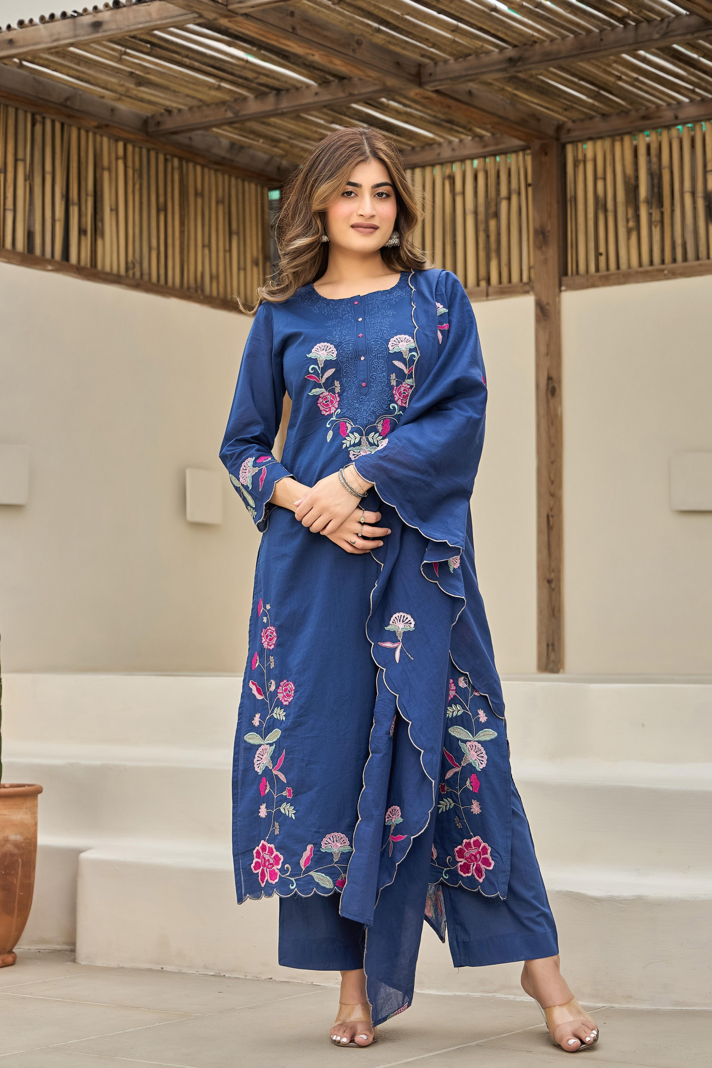 Blue Floral Embroidered Cotton Kurta Suit