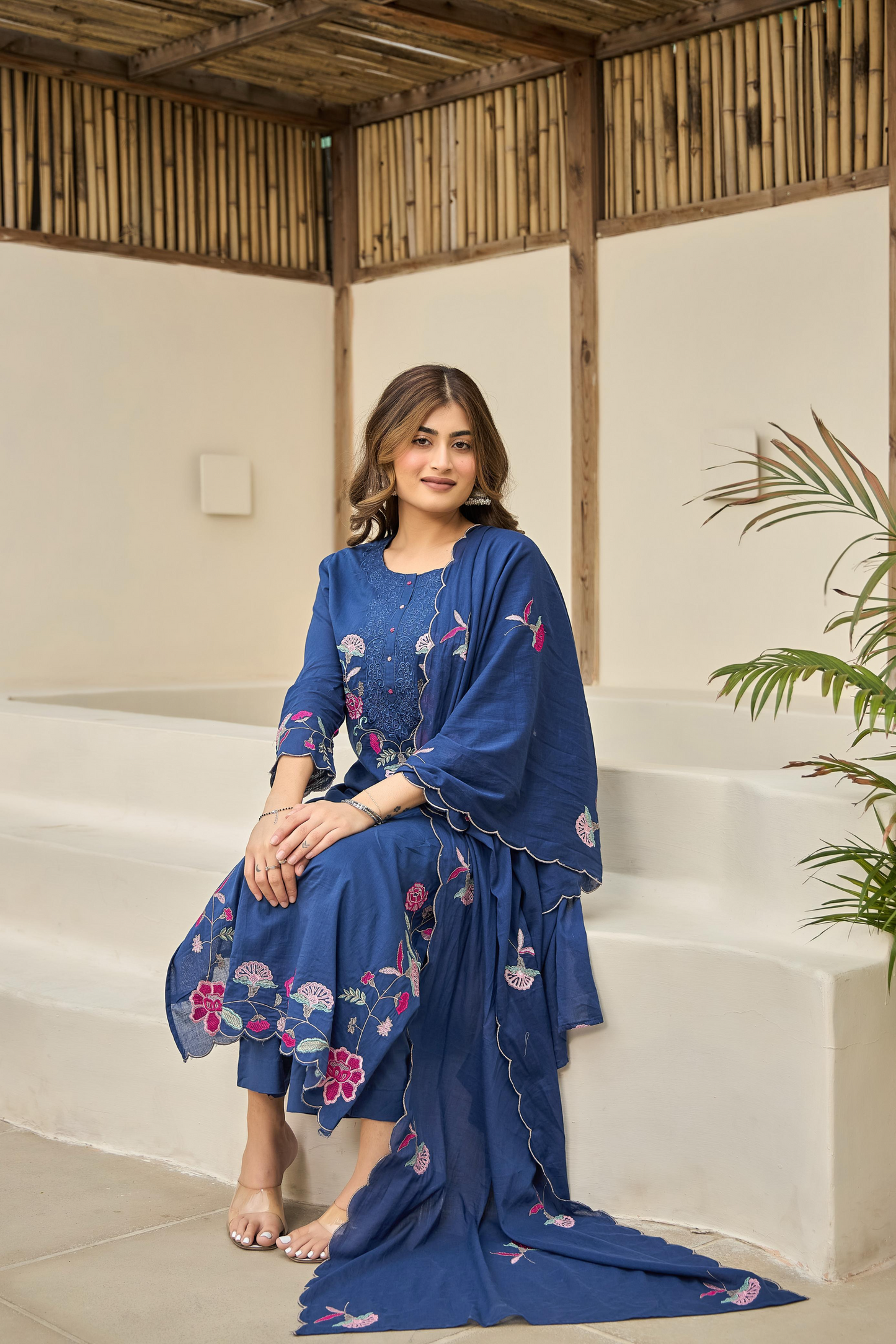 Blue Floral Embroidered Cotton Kurta Suit
