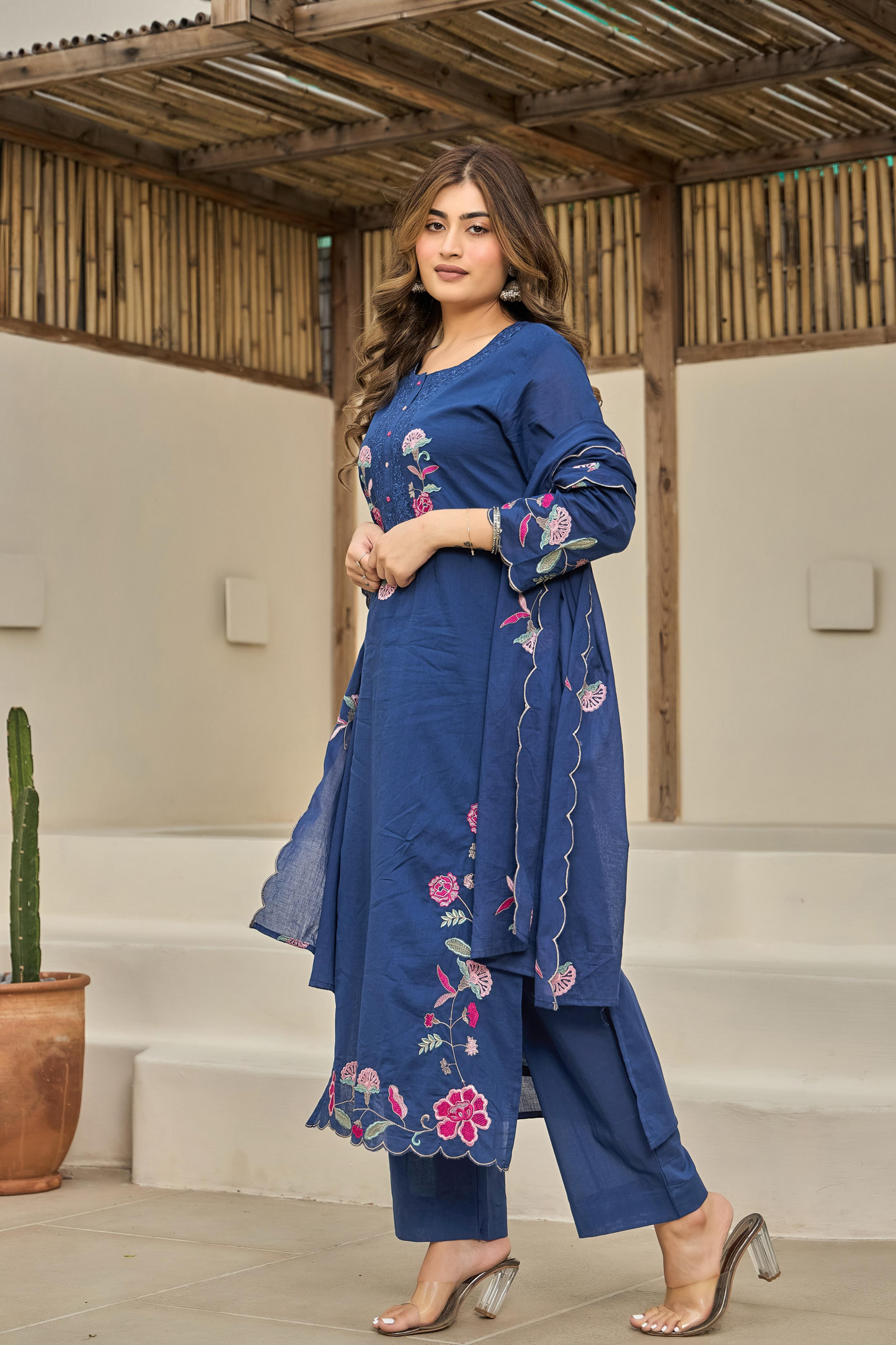 Blue Floral Embroidered Cotton Kurta Suit