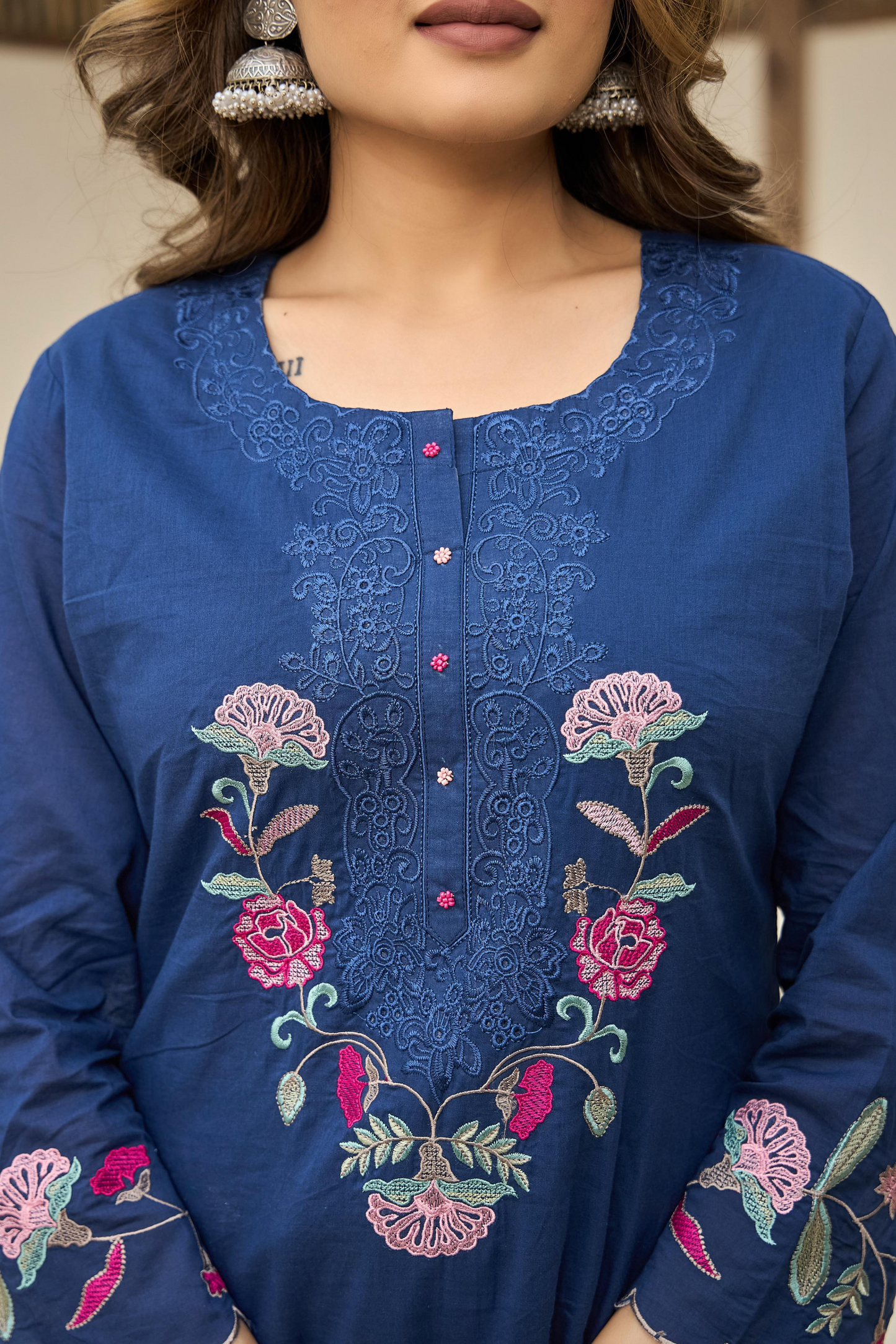Blue Floral Embroidered Cotton Kurta Suit