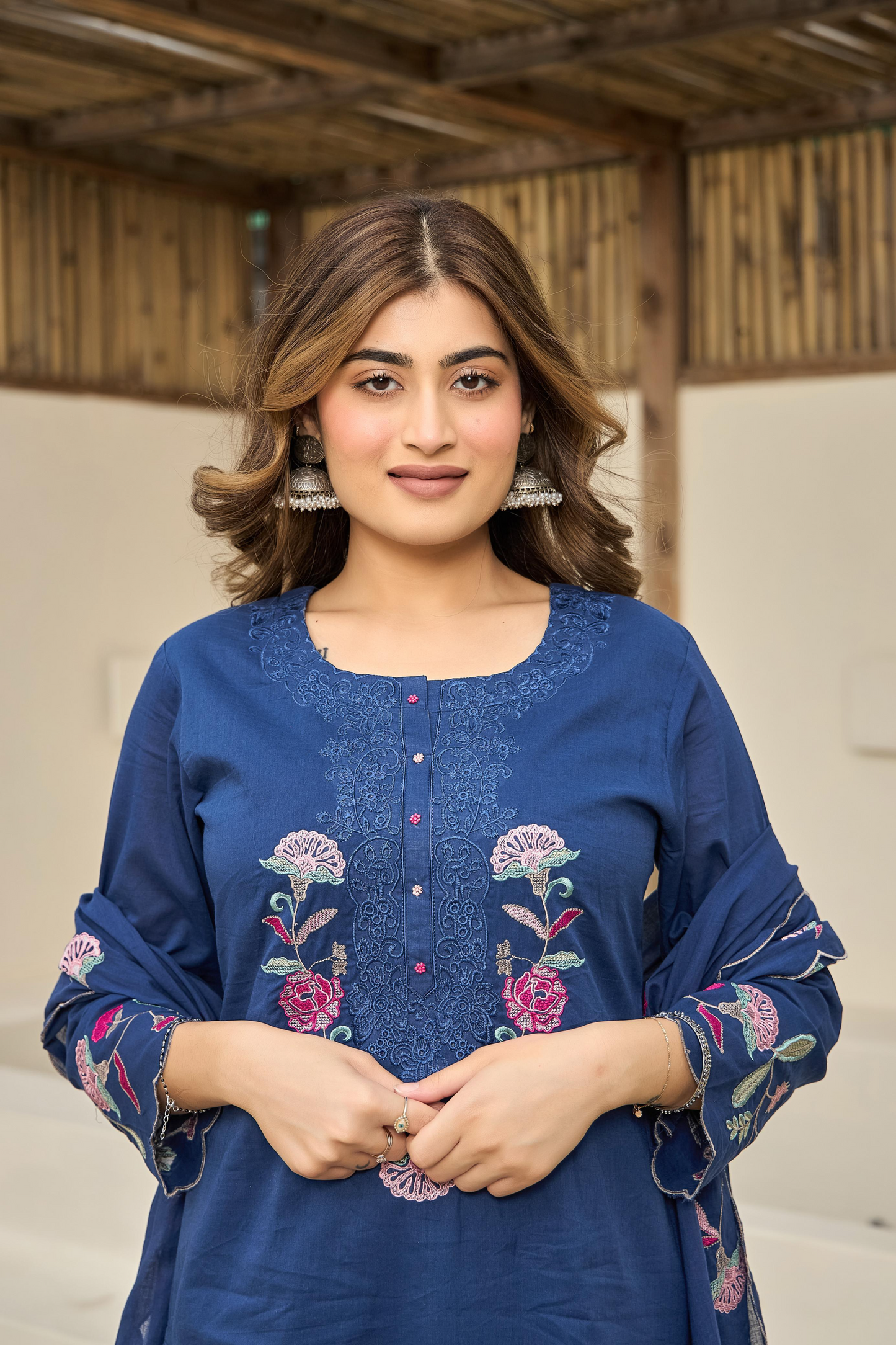 Blue Floral Embroidered Cotton Kurta Suit