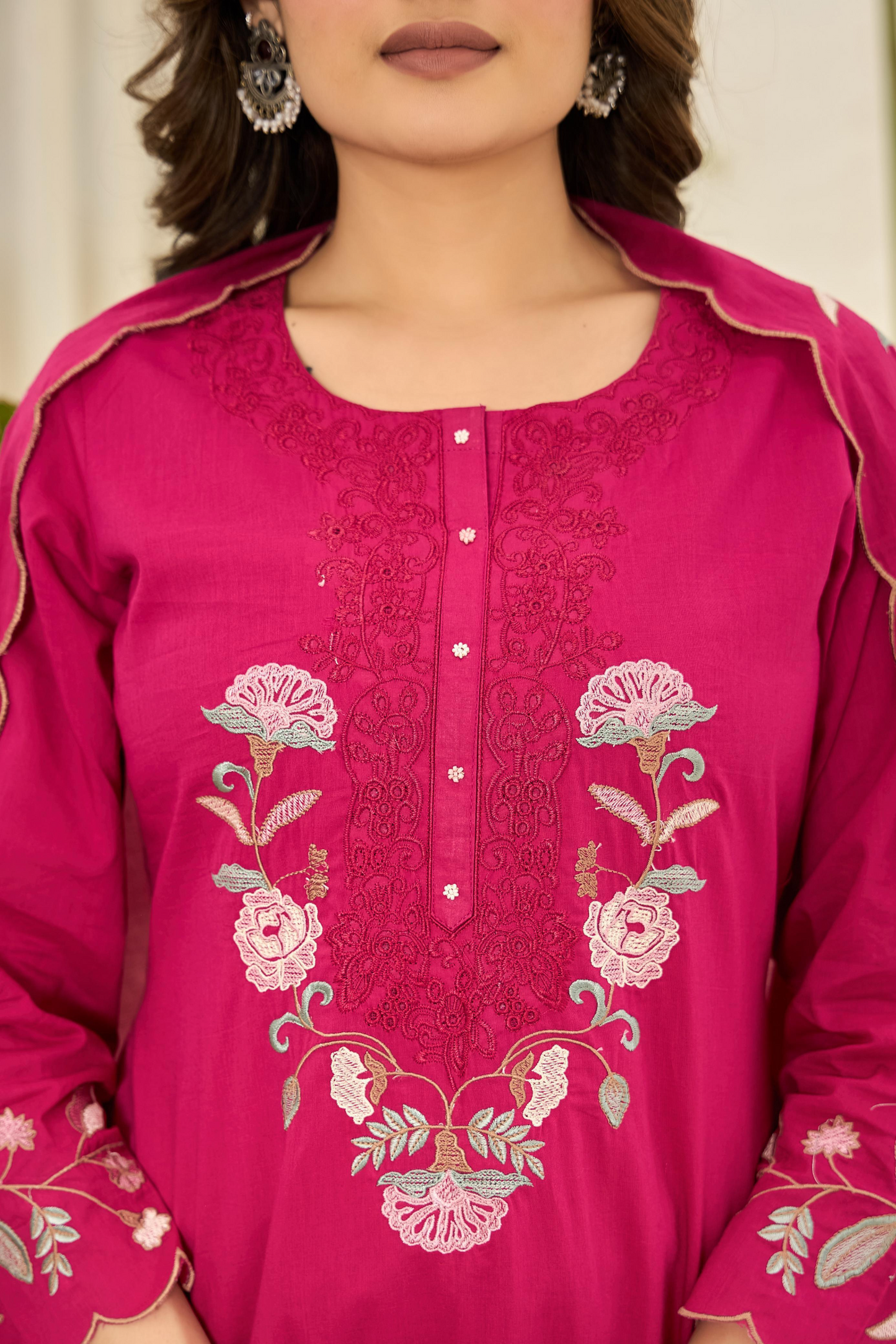 Pink Floral Embroidered Cotton Kurta Suit