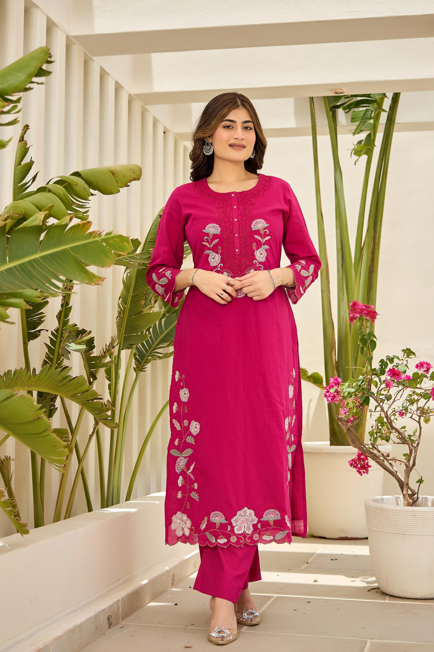 Pink Floral Embroidered Cotton Kurta Suit