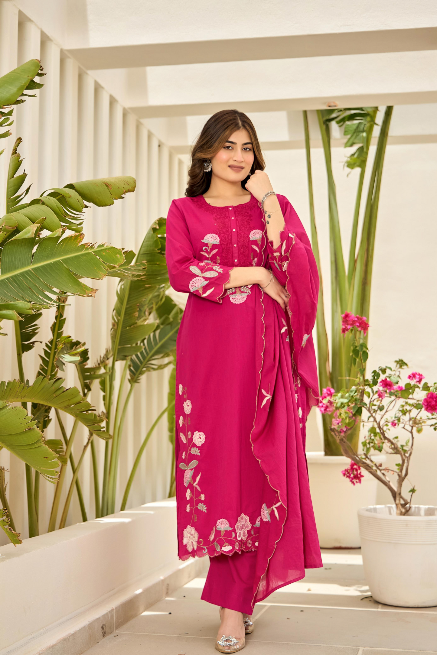 Pink Floral Embroidered Cotton Kurta Suit