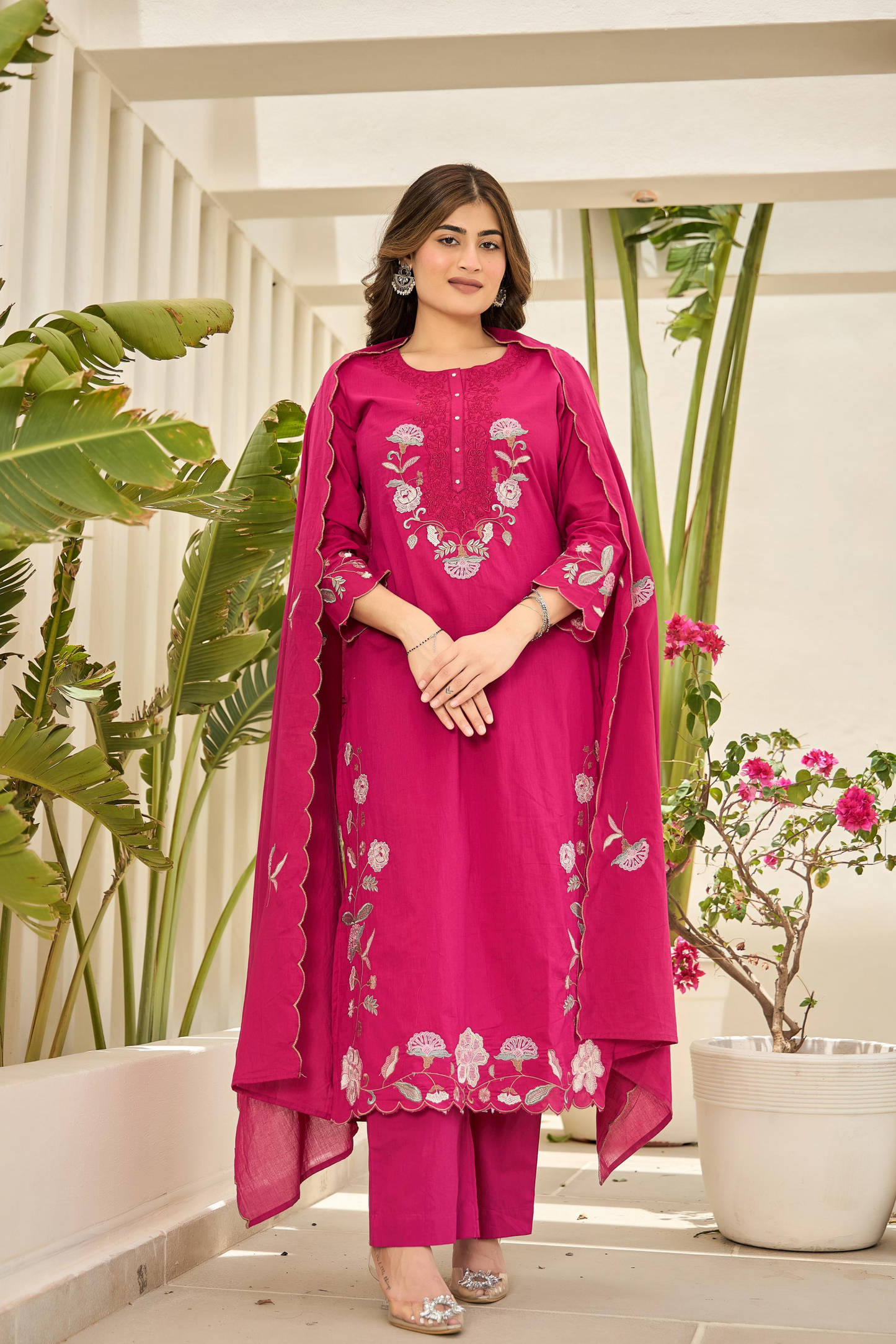 Pink Floral Embroidered Cotton Kurta Suit