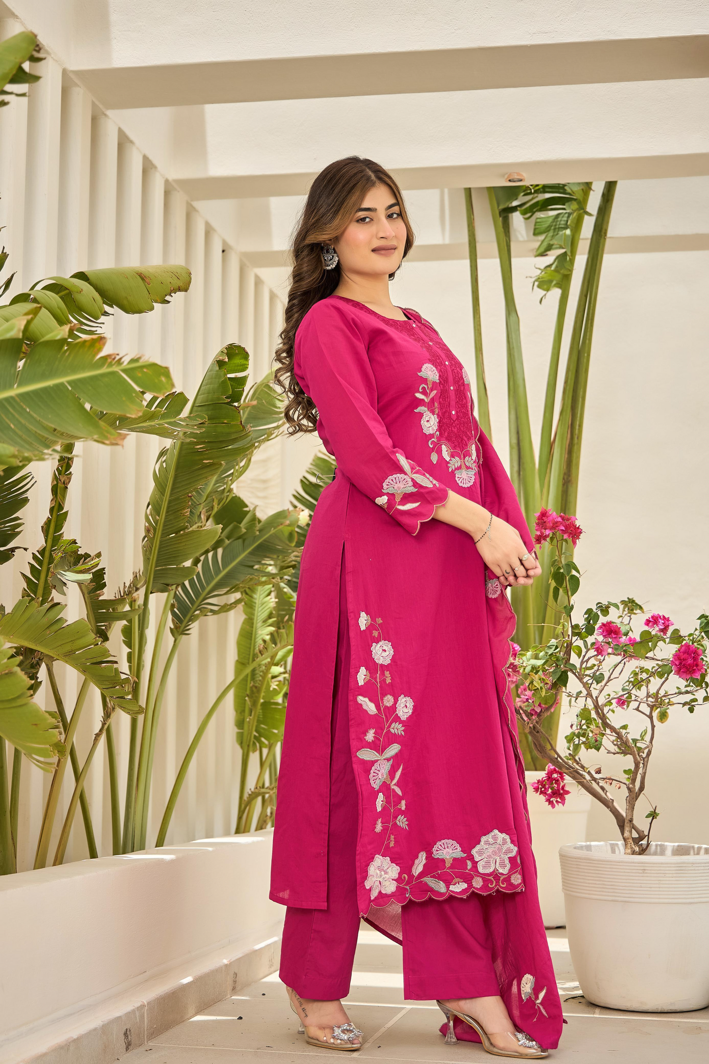 Pink Floral Embroidered Cotton Kurta Suit