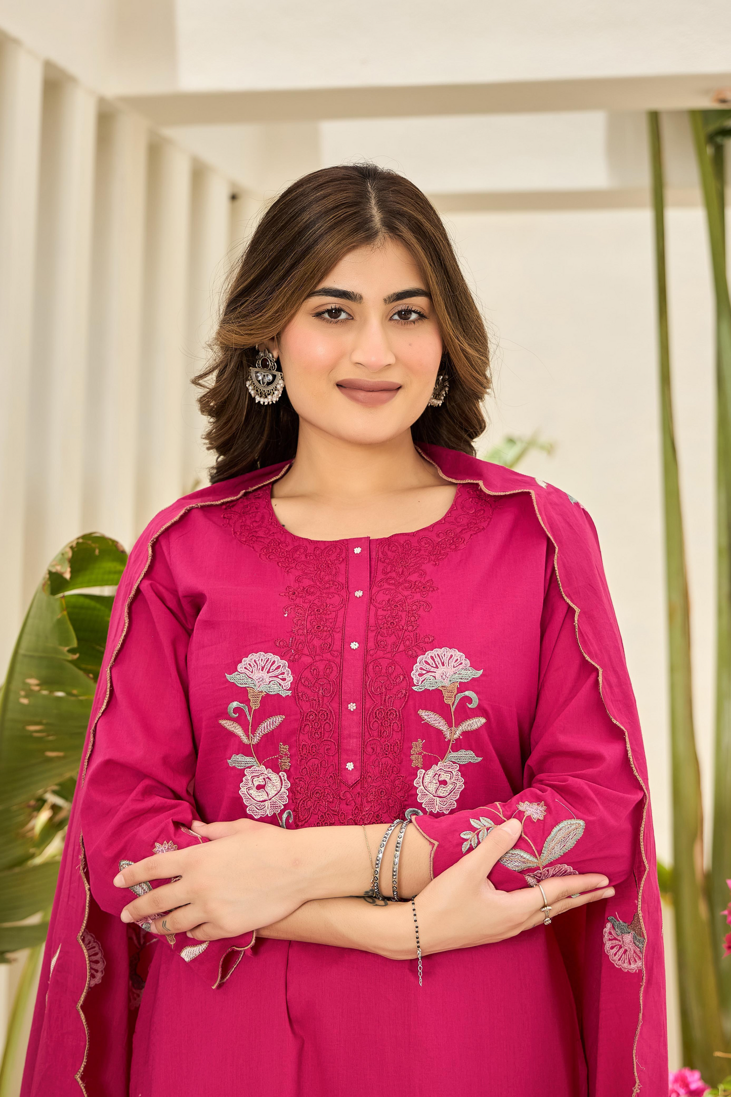 Pink Floral Embroidered Cotton Kurta Suit